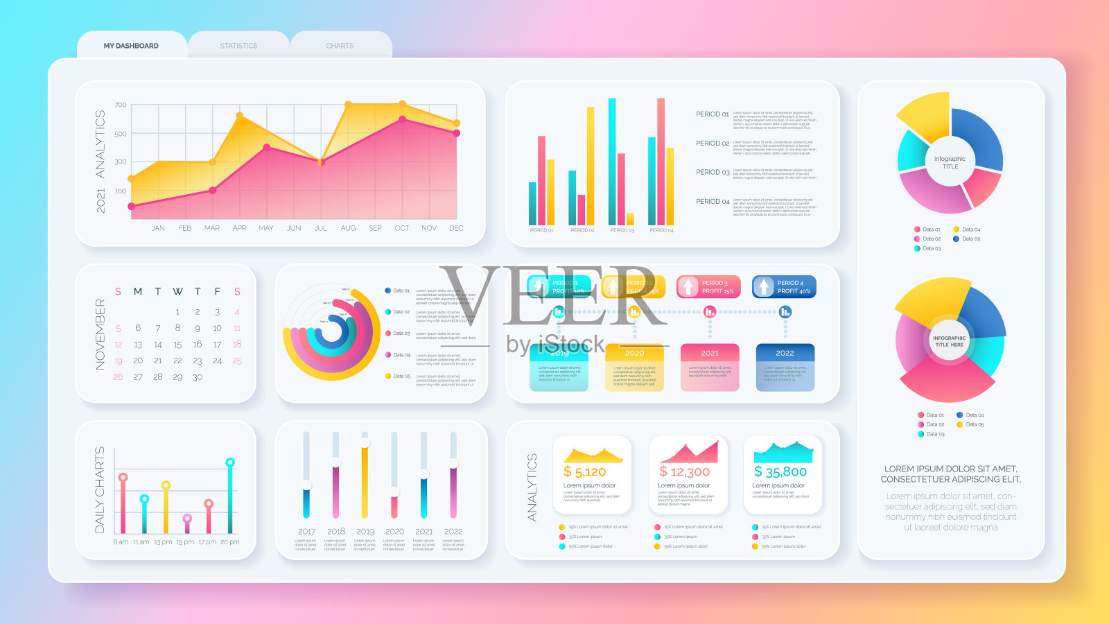 仪表板UI用于业务演示的信息图，包含数据图、图表、图表和统计数据。干净和简单的应用程序界面。矢量极简风格设计插画图片素材