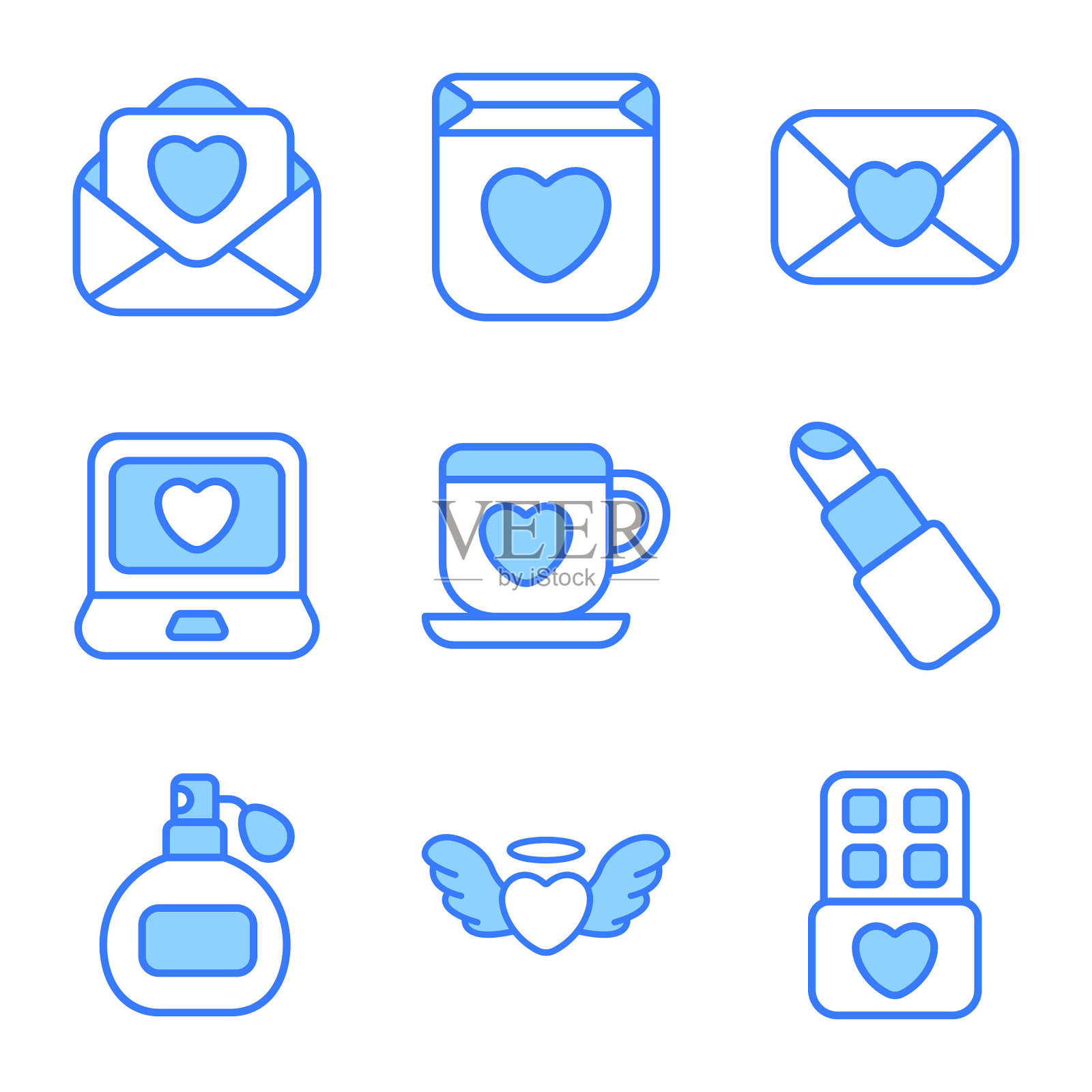 情人节彩色线图标集，现代矢量平滑风格，用于网页或移动应用程序图标素材