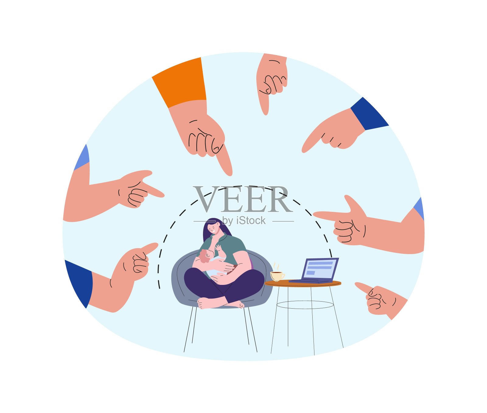 在公共场所进行母乳喂养。快乐的年轻母亲在咖啡馆喂刚出生的婴儿。人们谴责和欺负有孩子的妇女。安全自我边界矢量概念插画图片素材