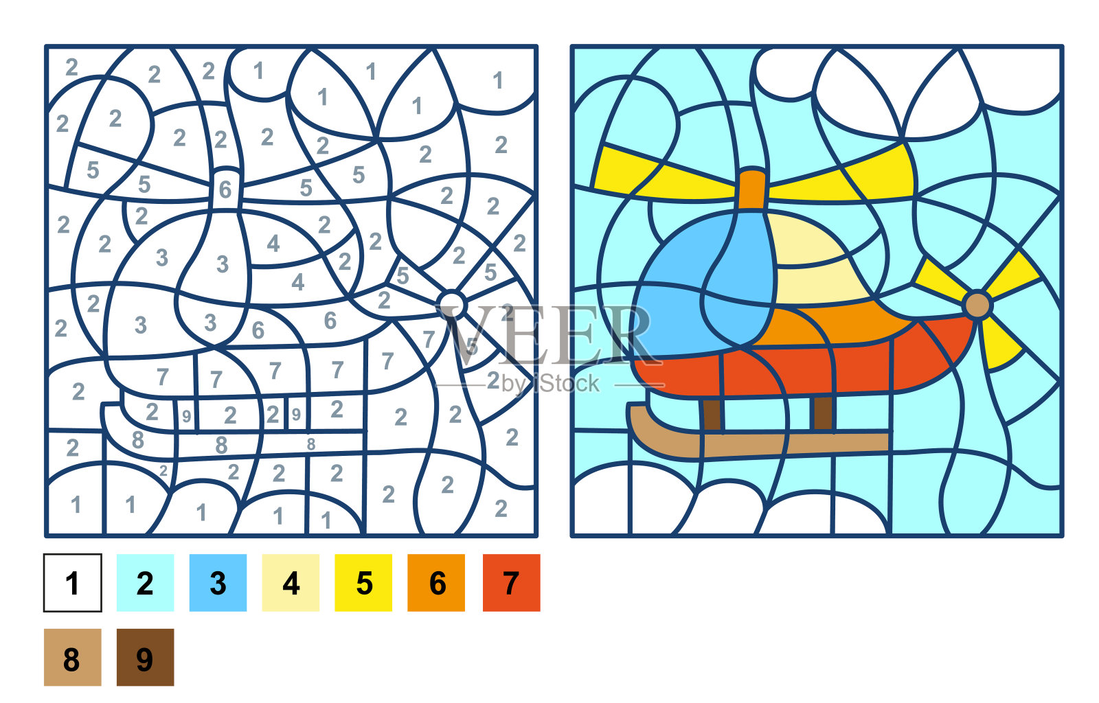 益智游戏直升机，颜色由数字表供儿童使用。矢量着色页学习数字插画图片素材