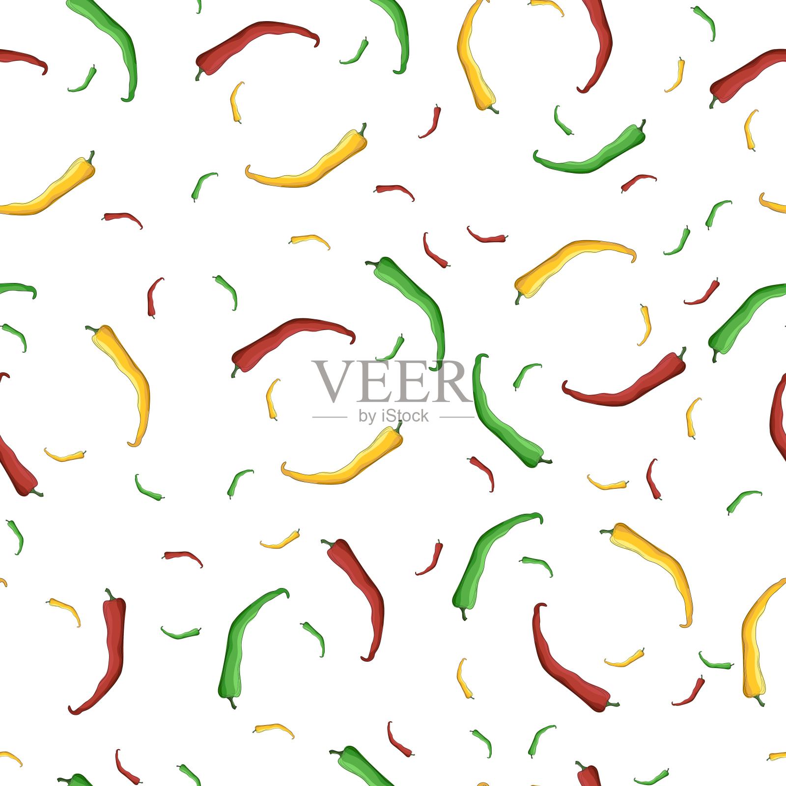 白底色上辣椒无缝图案，黄红绿辣椒无序排列，厨房辣椒设计插画图片素材