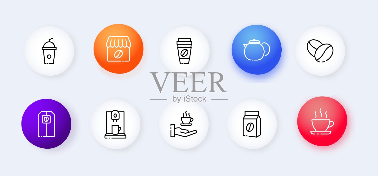 咖啡馆设置图标。咖啡，拿铁，卡布奇诺，美式咖啡，马克杯，茶，茶包，草药，咖啡豆，水壶。咖啡屋里的概念。新生变形样式。矢量线图标的业务和广告图标素材