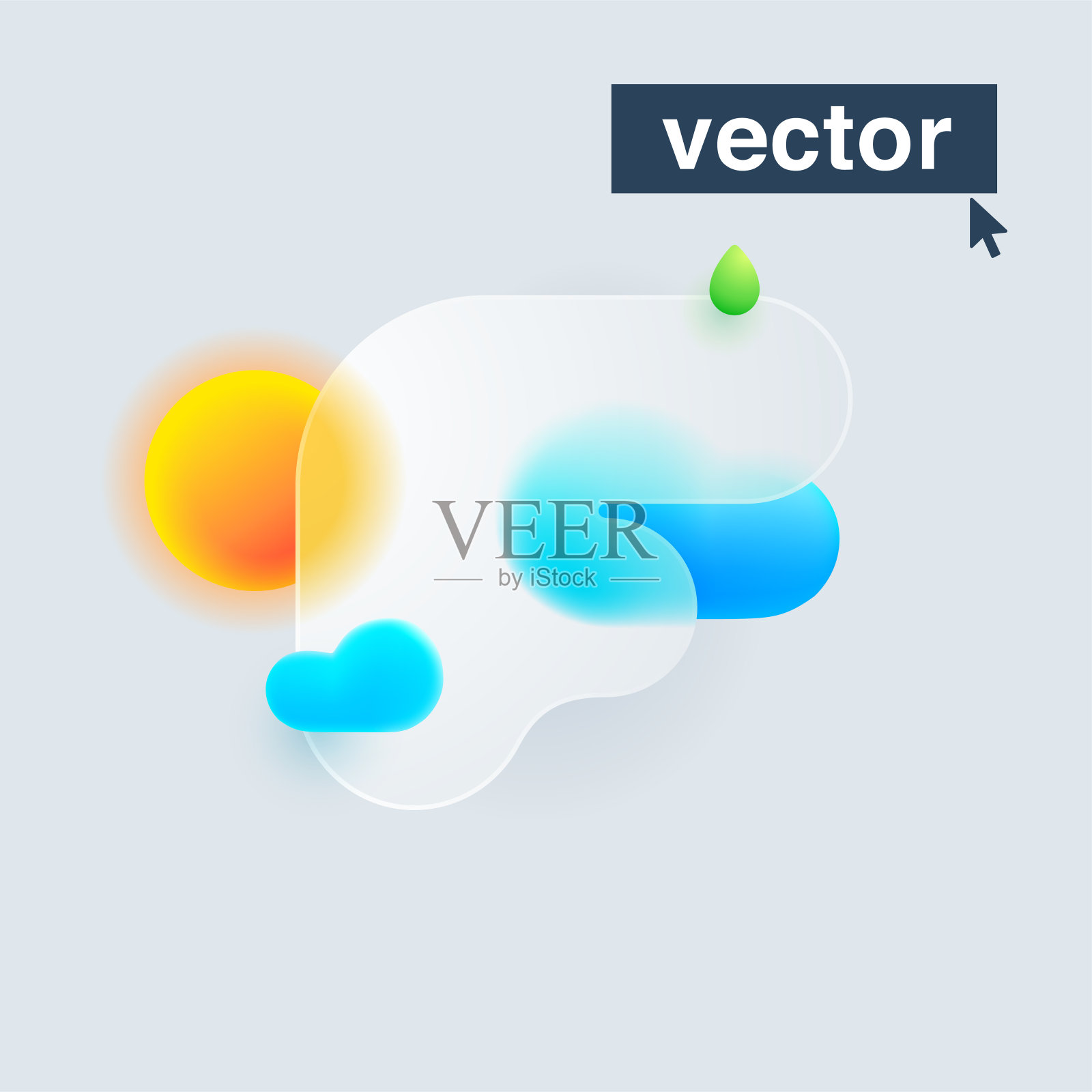 F字母标志由太阳，云，和绿色滴下mate glass。逼真的3d玻璃形态风格徽标。插画图片素材