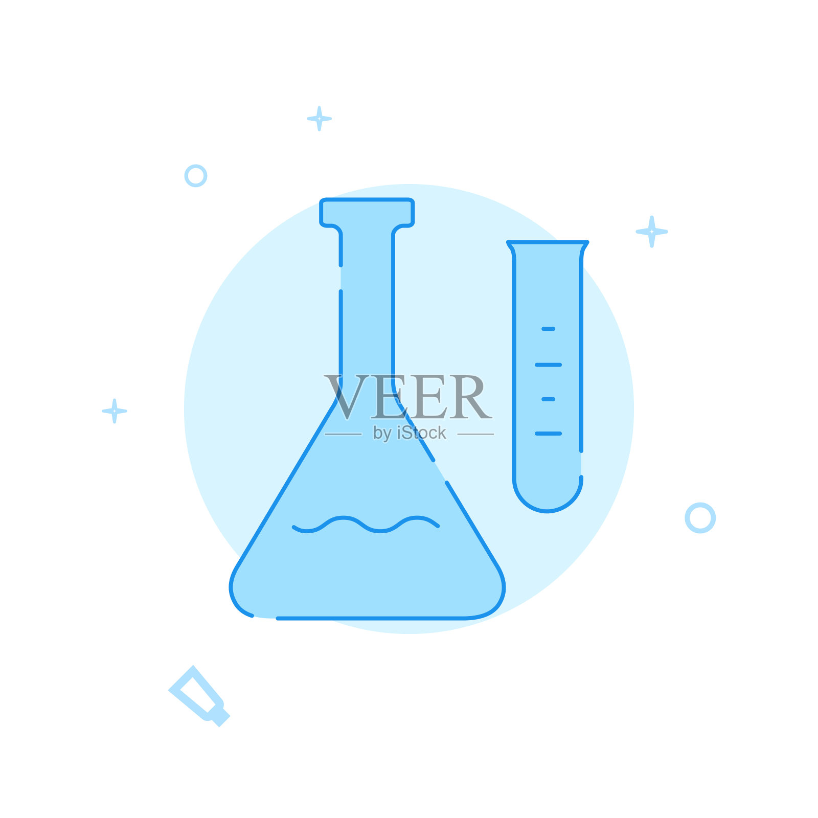 实验室玻璃器皿蒸馏器平面矢量图标。线条样式。蓝色的单色的设计。可编辑的中风插画图片素材