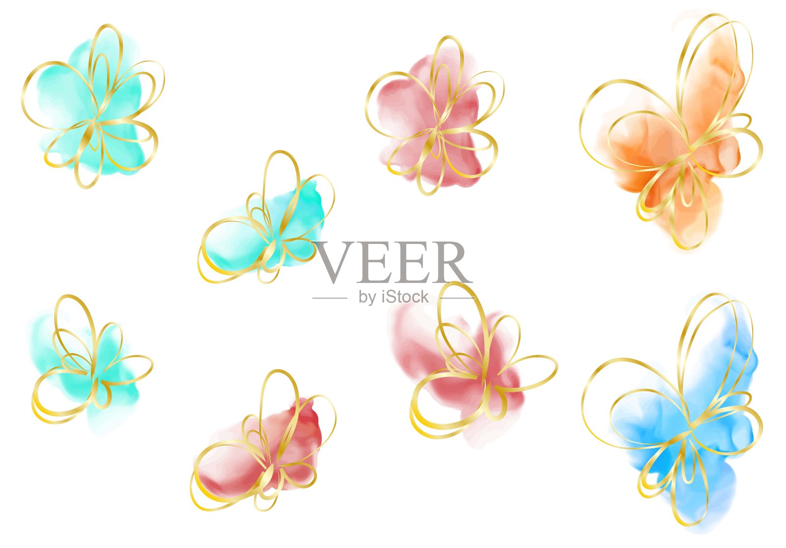 一分水彩和金色花朵。插画图片素材