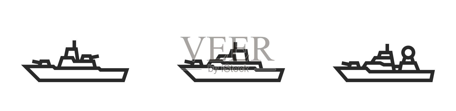 军舰线图标设置。海军军事战船符号插画图片素材
