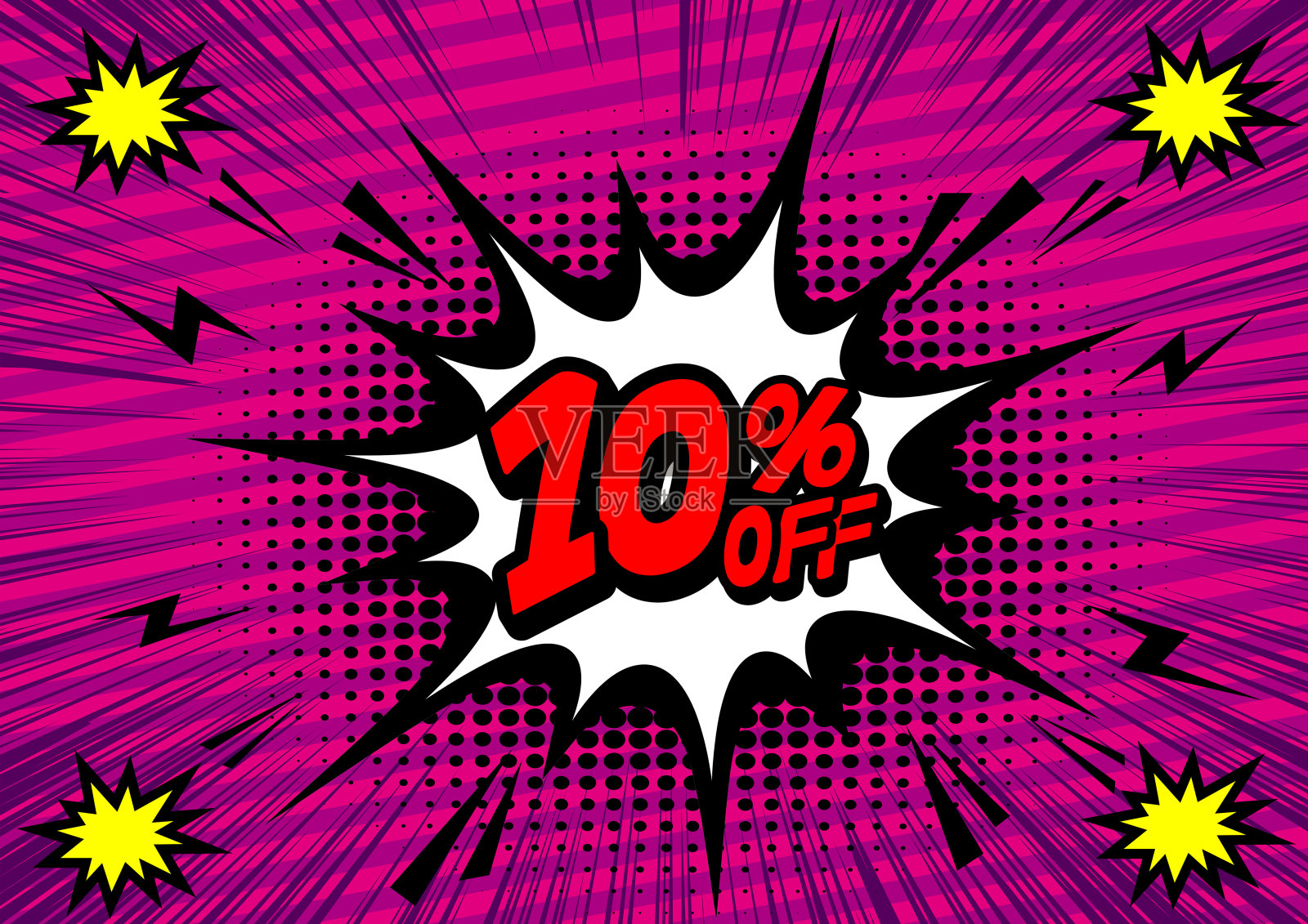 10%折扣的漫画风格刘海形状的背景。波普艺术漫画打折促销横幅。设计元素图片
