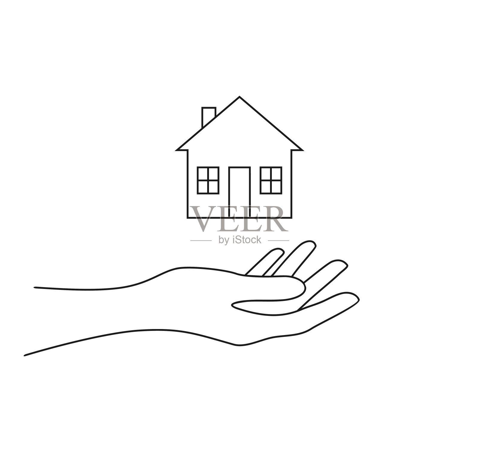 手牵着白色背景的房子。线性风格的矢量插图设计元素图片