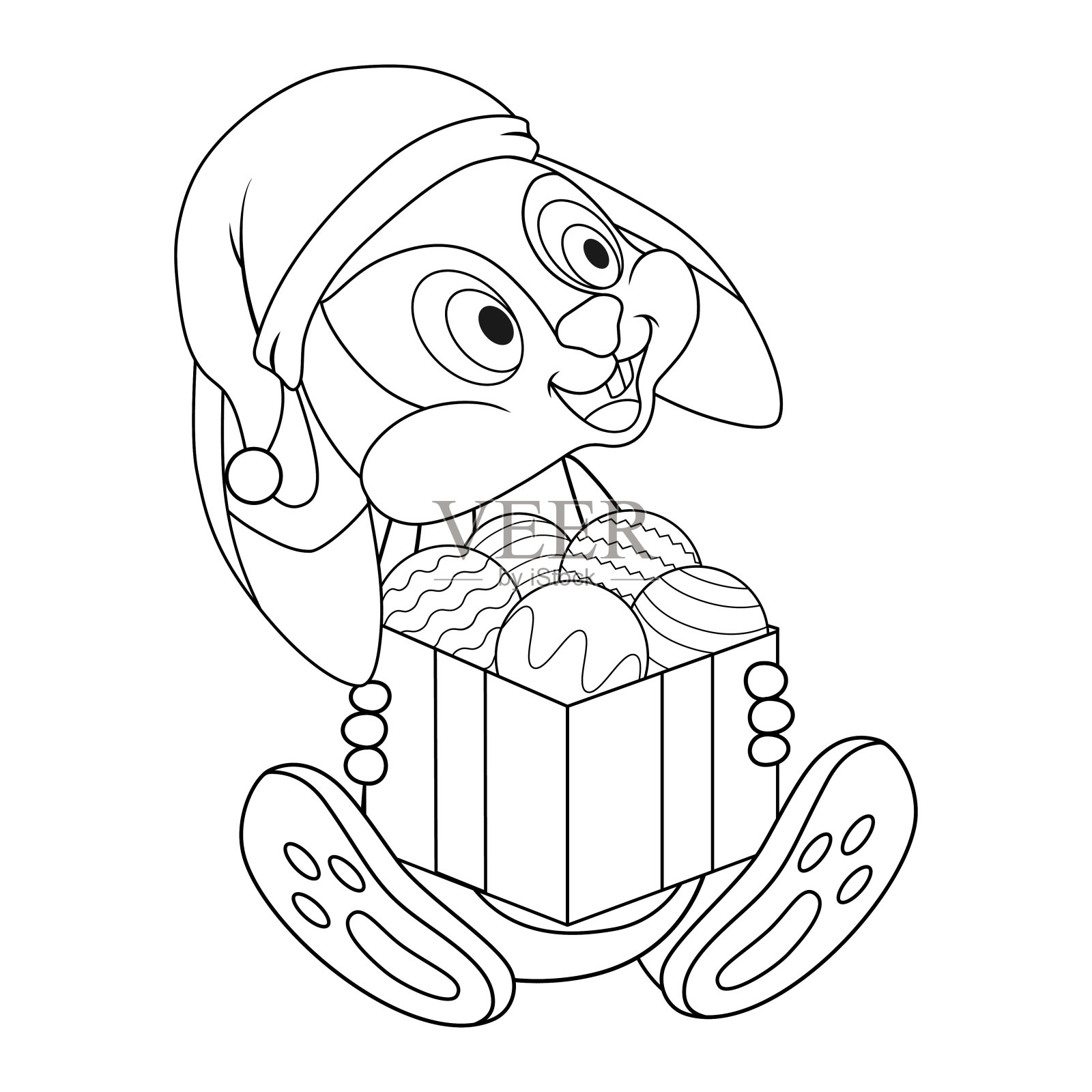 戴着圣诞帽的无色卡通兔子拿着满满一盒圣诞球。以兔为标志的2023年新年的黑白涂色本模板。为孩子们设计的新年艺术贺卡。插画图片素材