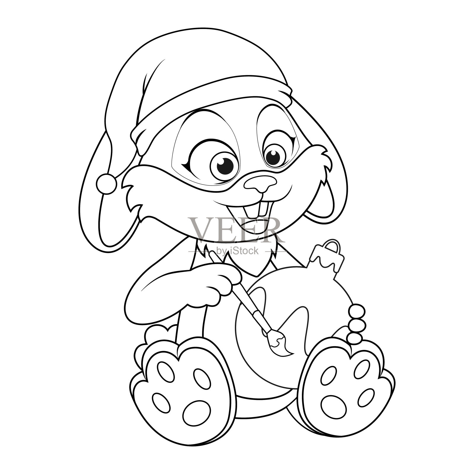 彩色卡通兔子在圣诞老人的帽子绘画刷新年玩具。黑色和白色的图画书模板，野兔作为新年的象征。工作表或贺卡与新年艺术的孩子。插画图片素材