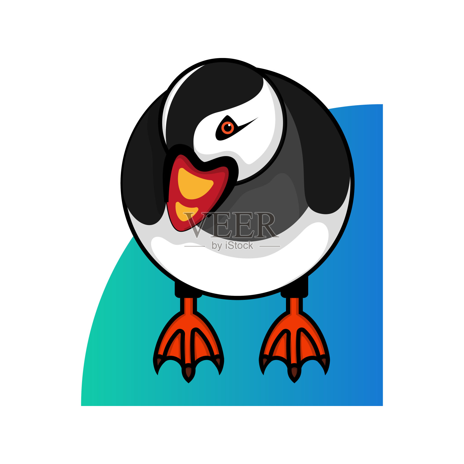 海雀鸟的象征形象从正面站成四分之一圆，渐变使用蓝绿色插画图片素材