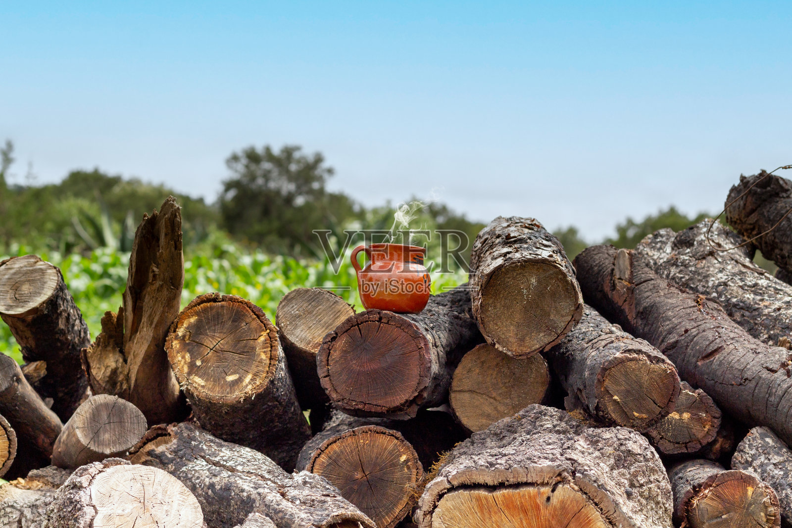 传统的墨西哥咖啡放在山上的木头上照片摄影图片