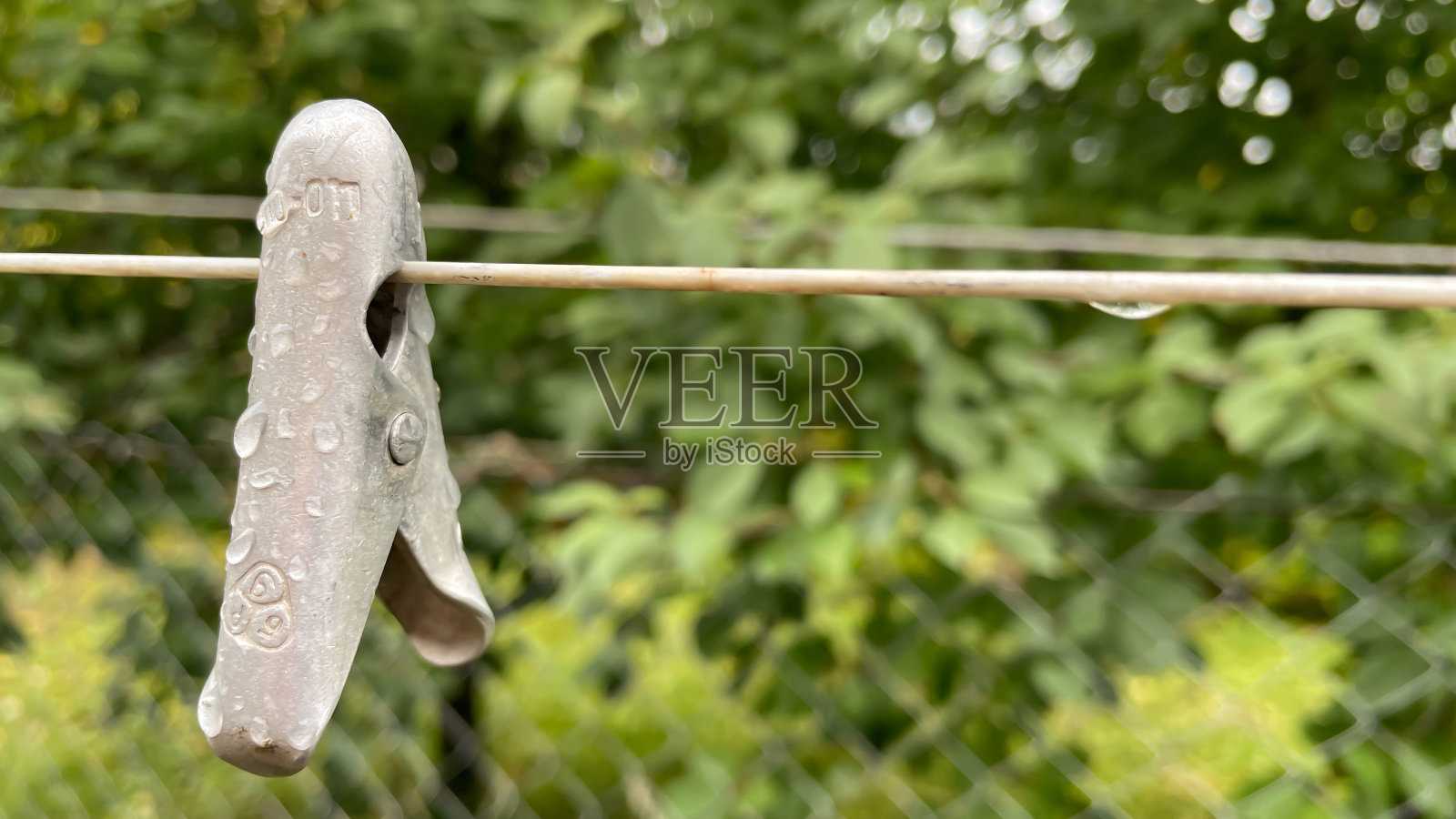 铁制的衣夹，可以在雨中洗衣服。照片摄影图片