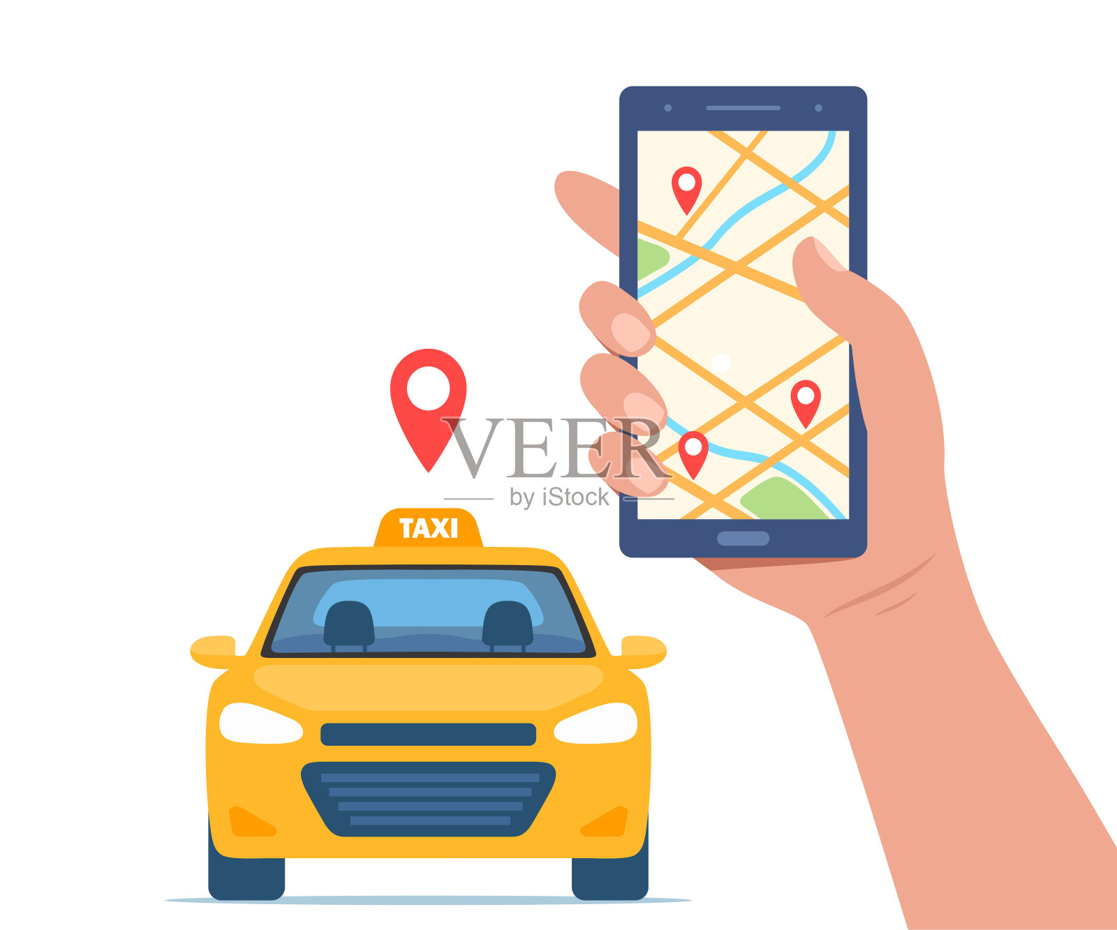 黄色出租车，正面。出租车移动点单服务应用概念。手持智能手机，带有城市地图上的地理标签gps定位针。矢量插图。插画图片素材