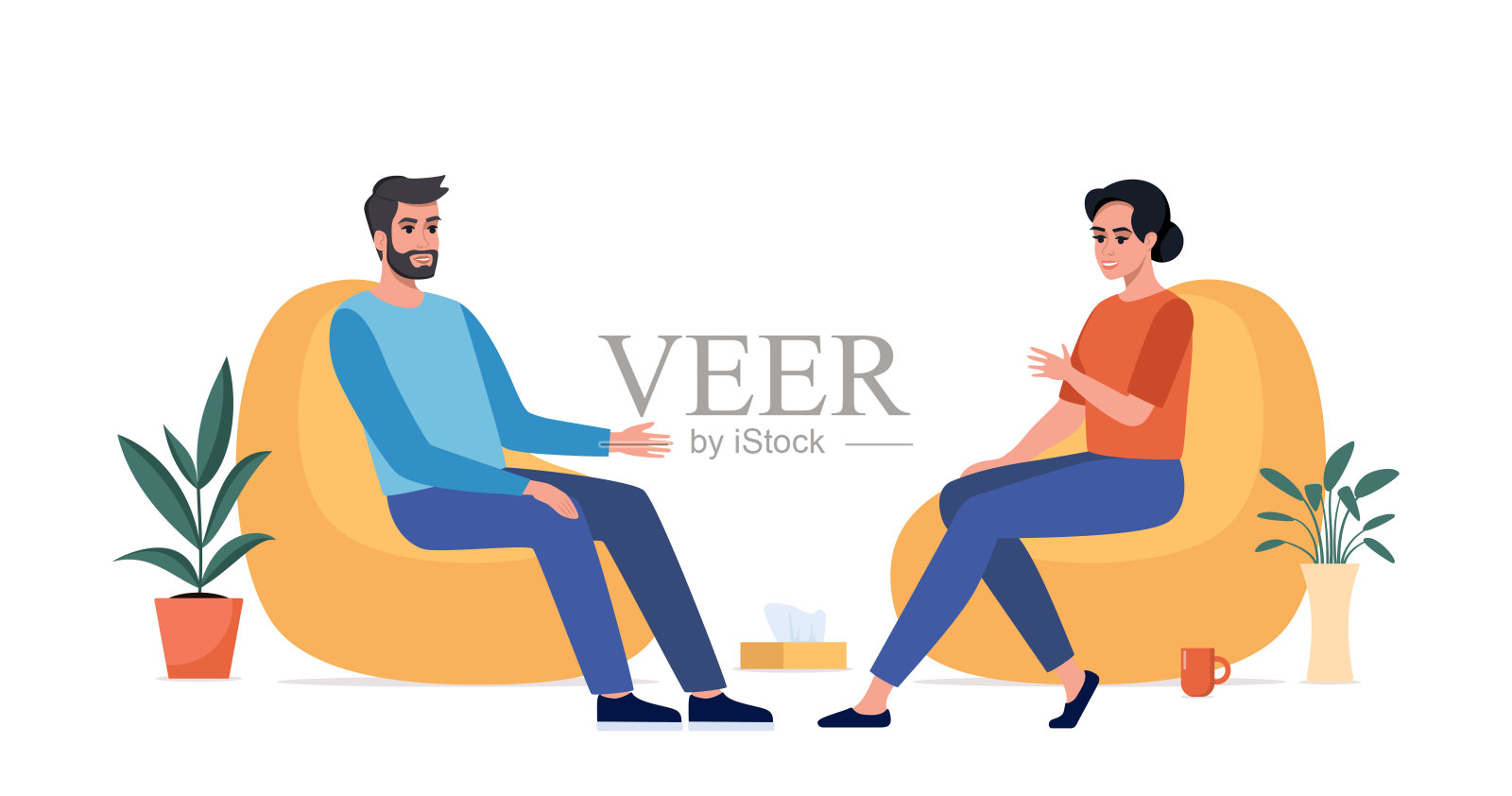 女性心理治疗师对她的病人进行单独治疗。一个人坐在椅子上，对他的顾问说了一些事情。谈话治疗的概念。矢量插图。插画图片素材