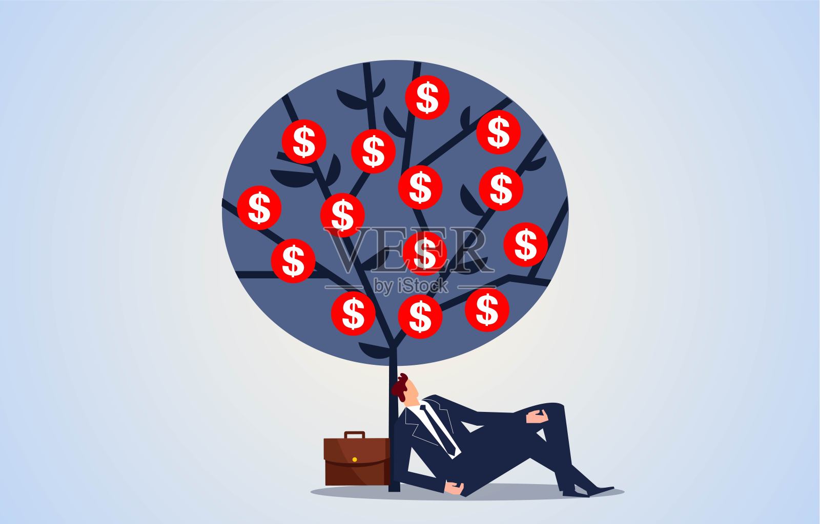 商人躺在没有压力的钱树下休息，获得大的收获，发展他们的业务或获得高的投资回报插画图片素材