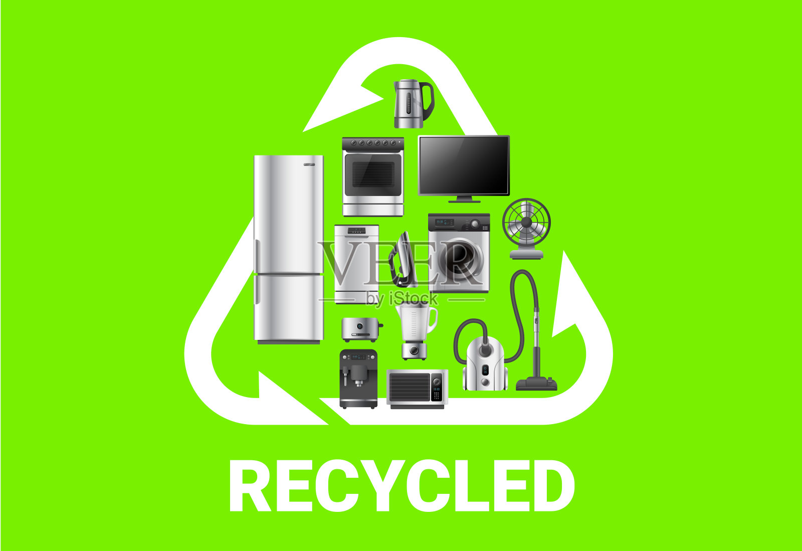 矢量插图回收箭头和现实的银色不同的器具在绿色背景。3d风格的闪亮家电收集设计与回收标志插画图片素材