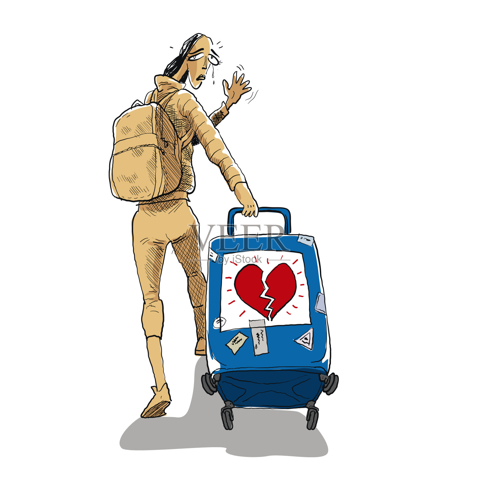心碎的女孩拿着行李箱离开了插画图片素材