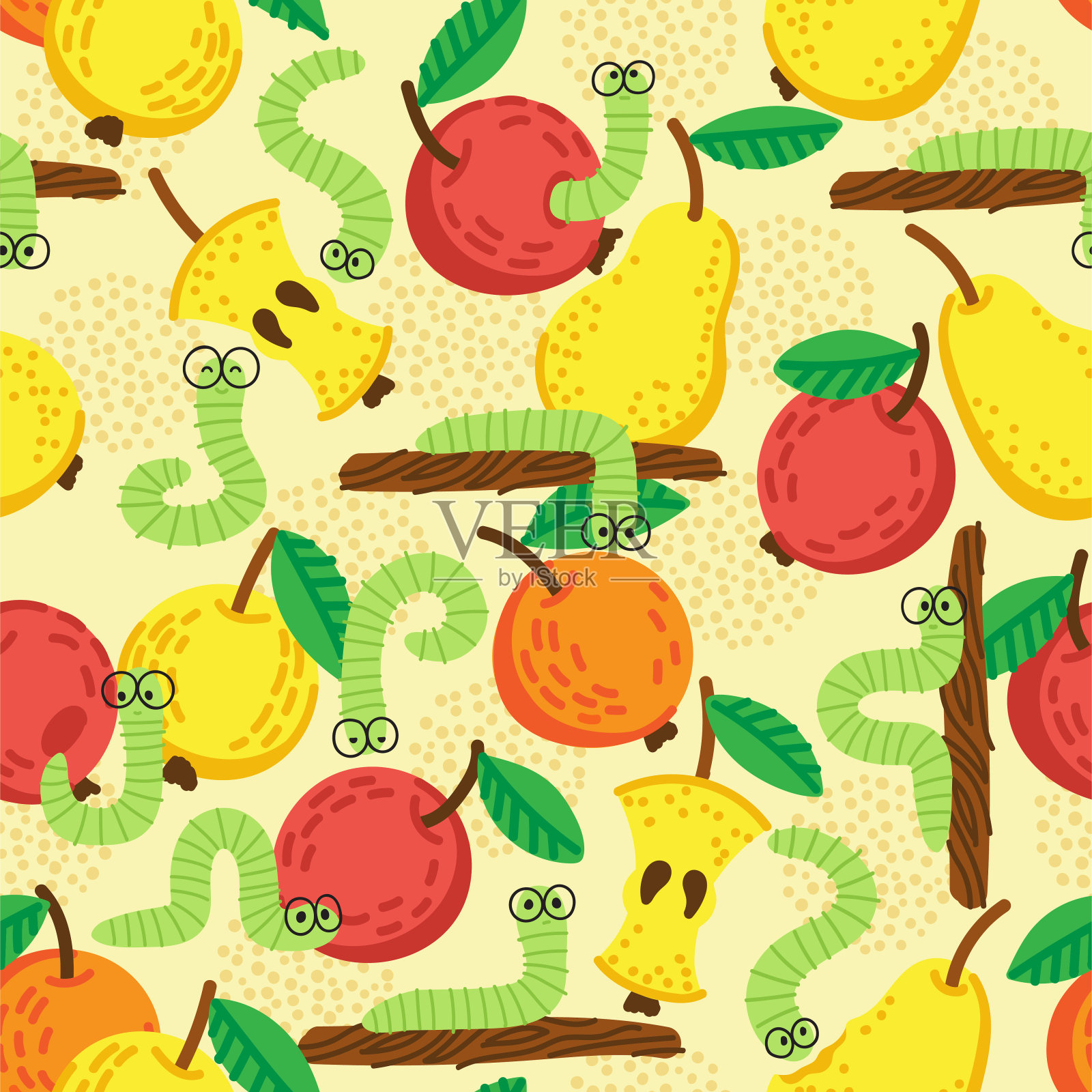 婴儿织物的矢量无缝图案。卡通风格的有趣的绿色毛虫在吃成熟的苹果和梨插画图片素材