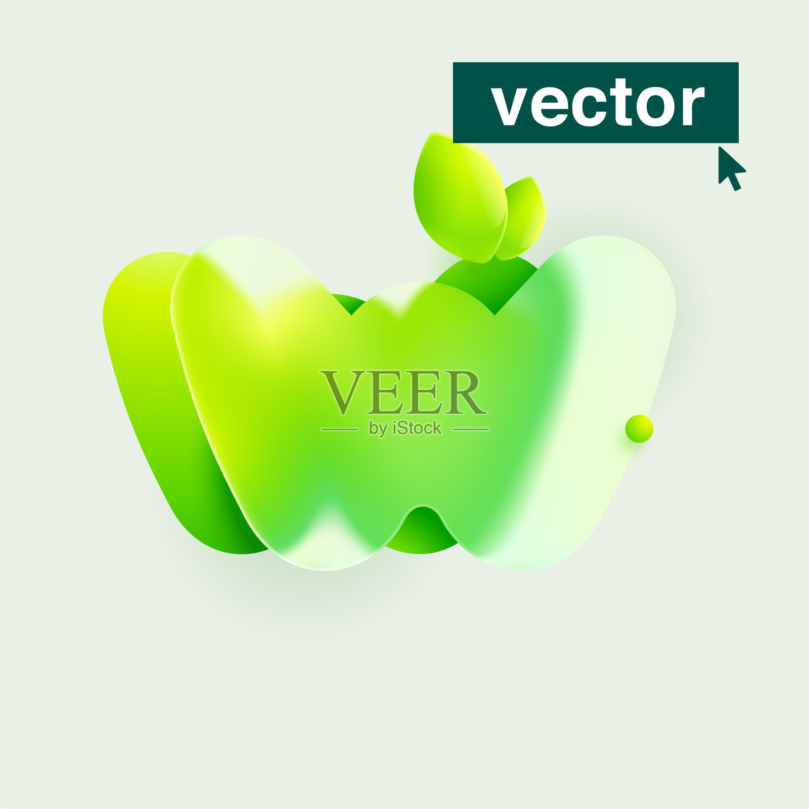 W字母生态标志在现实的Glassmorphism风格。矢量模糊半透明的图标与绿色的叶子。插画图片素材