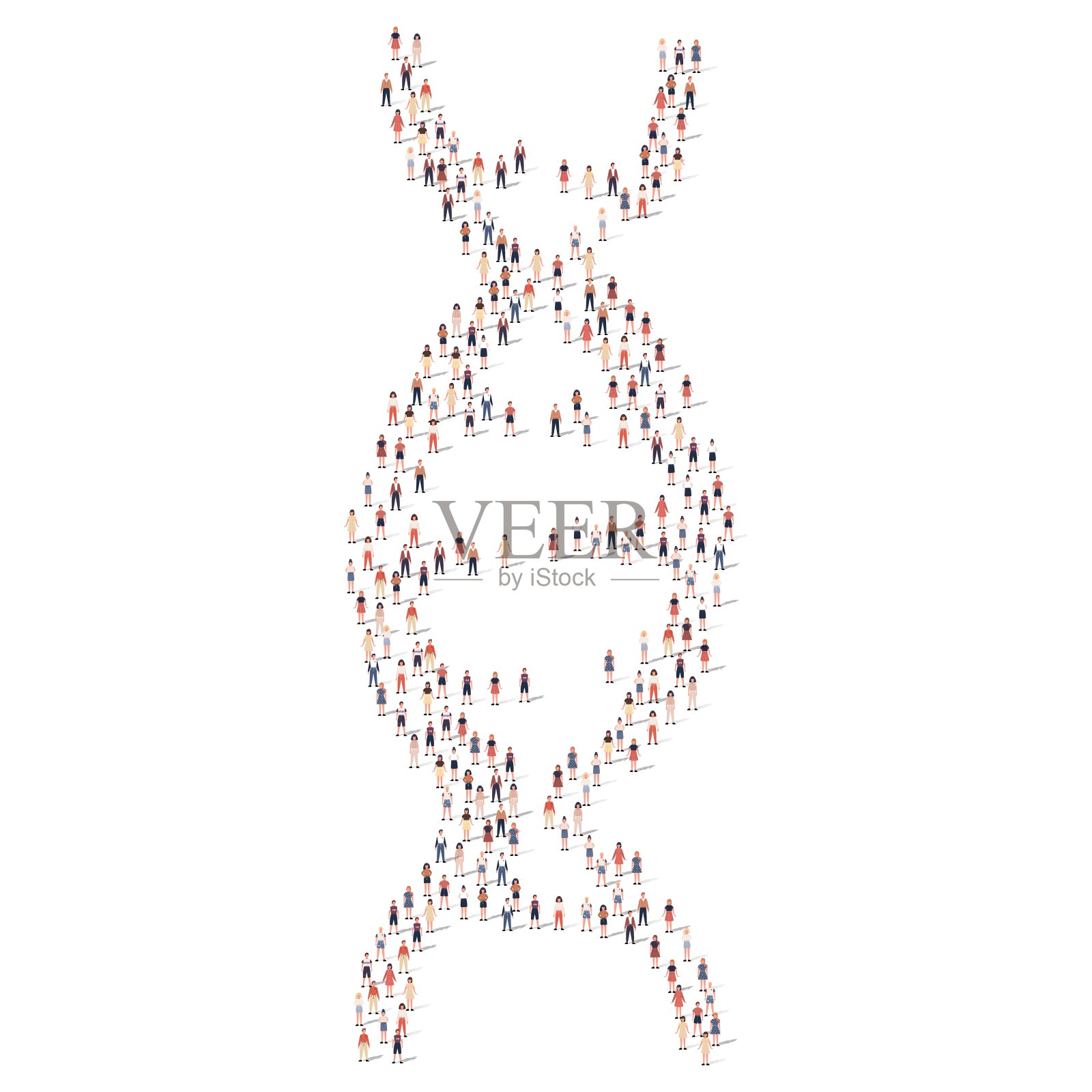 一大群不同轮廓的人挤在一起，dna螺旋形孤立在白色背景上。矢量图插画图片素材