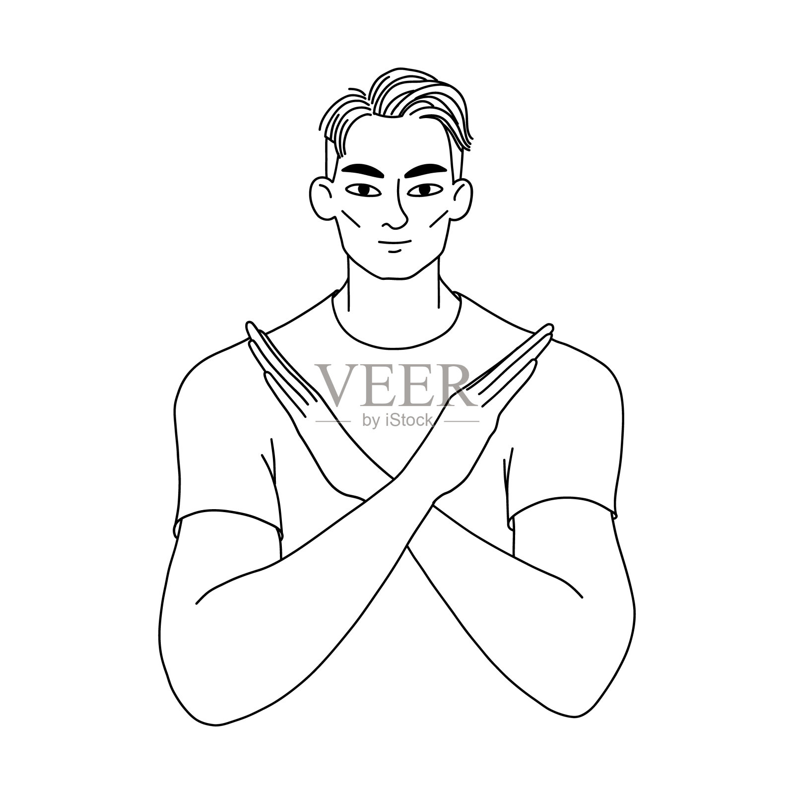 打破偏见吧，男人。年轻人双臂交叉，表示要打破偏见。一个积极分子的矢量插图与白色背景上的线。插画图片素材