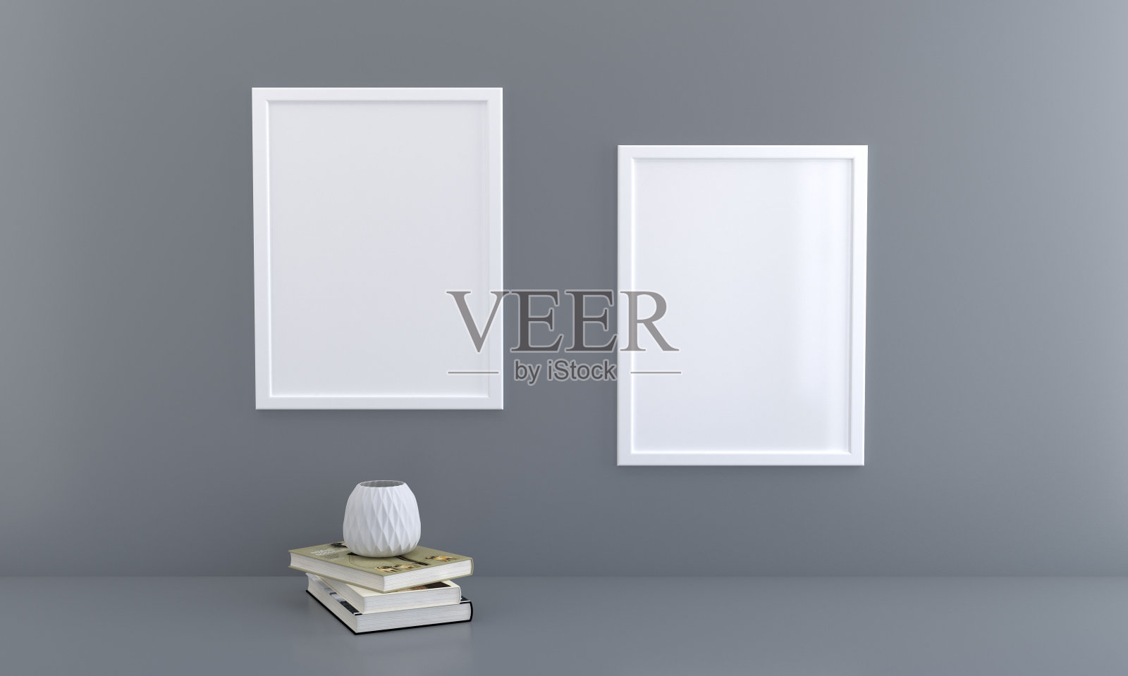 3D渲染的空白相框在灰色的墙上与复制空间附近的书和蜡烛照片摄影图片