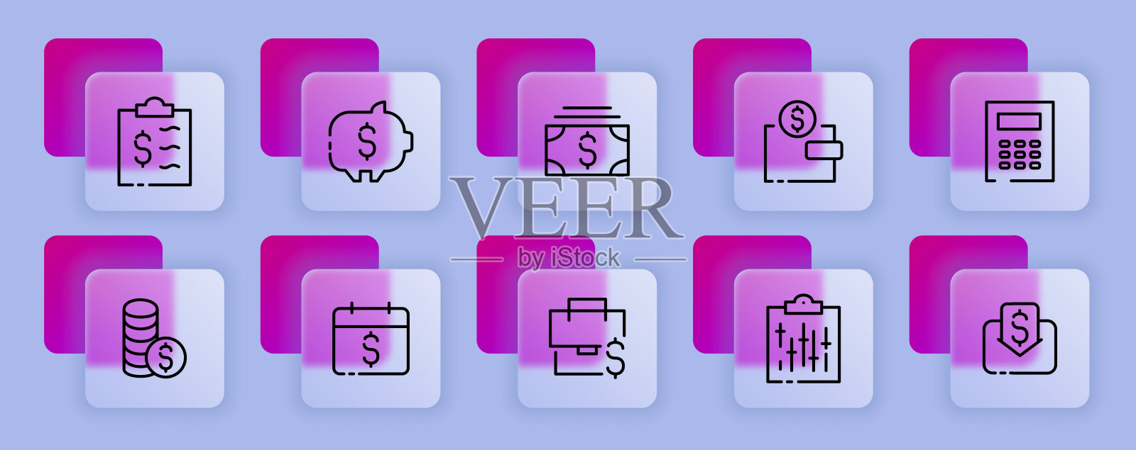 钱设置图标。支票，交易，银行，计算器，堆叠硬币，信封，订单，现金，税，盾，工资，账单。购物的概念。Glassmorphism风格。矢量线图标的业务和广告图标素材