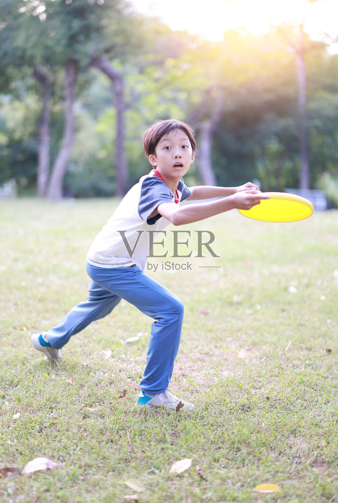 小男孩在公园里玩飞盘照片摄影图片