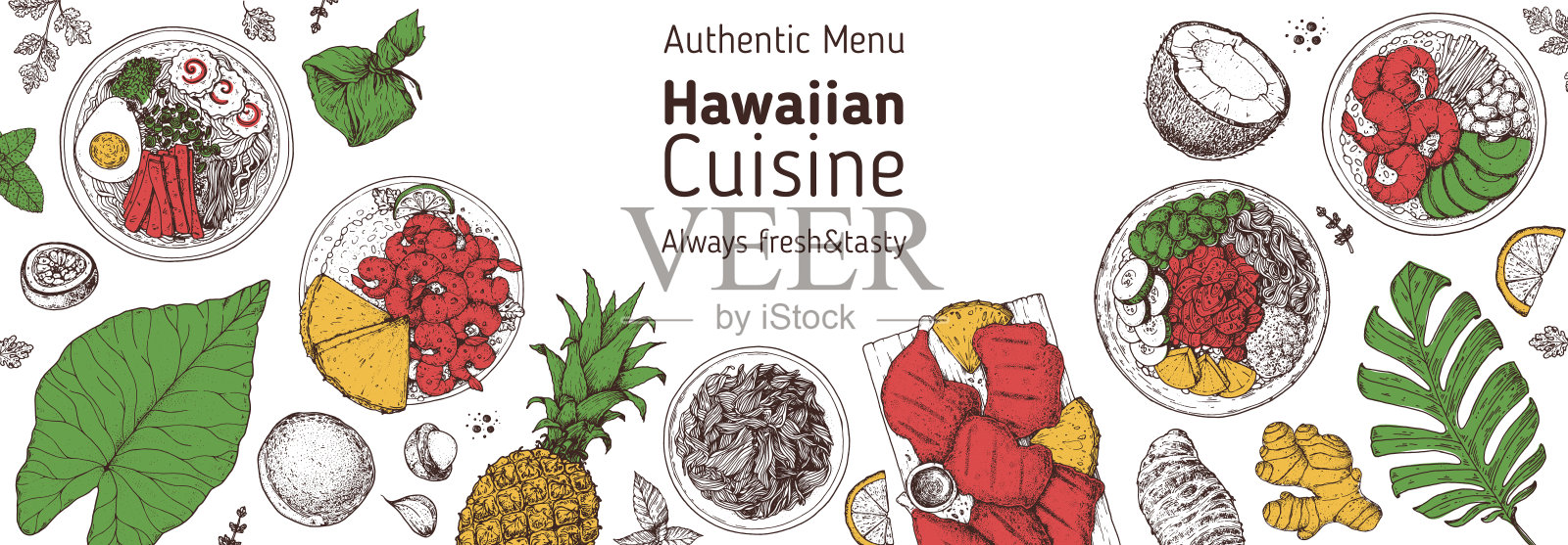夏威夷食物俯视图矢量插图。菜单设计模板。手绘草图。夏威夷的食物菜单。复古风格。塞民面汤，蒜蓉虾，卡鲁猪肉，湖里鸡，戳碗，柳设计模板素材