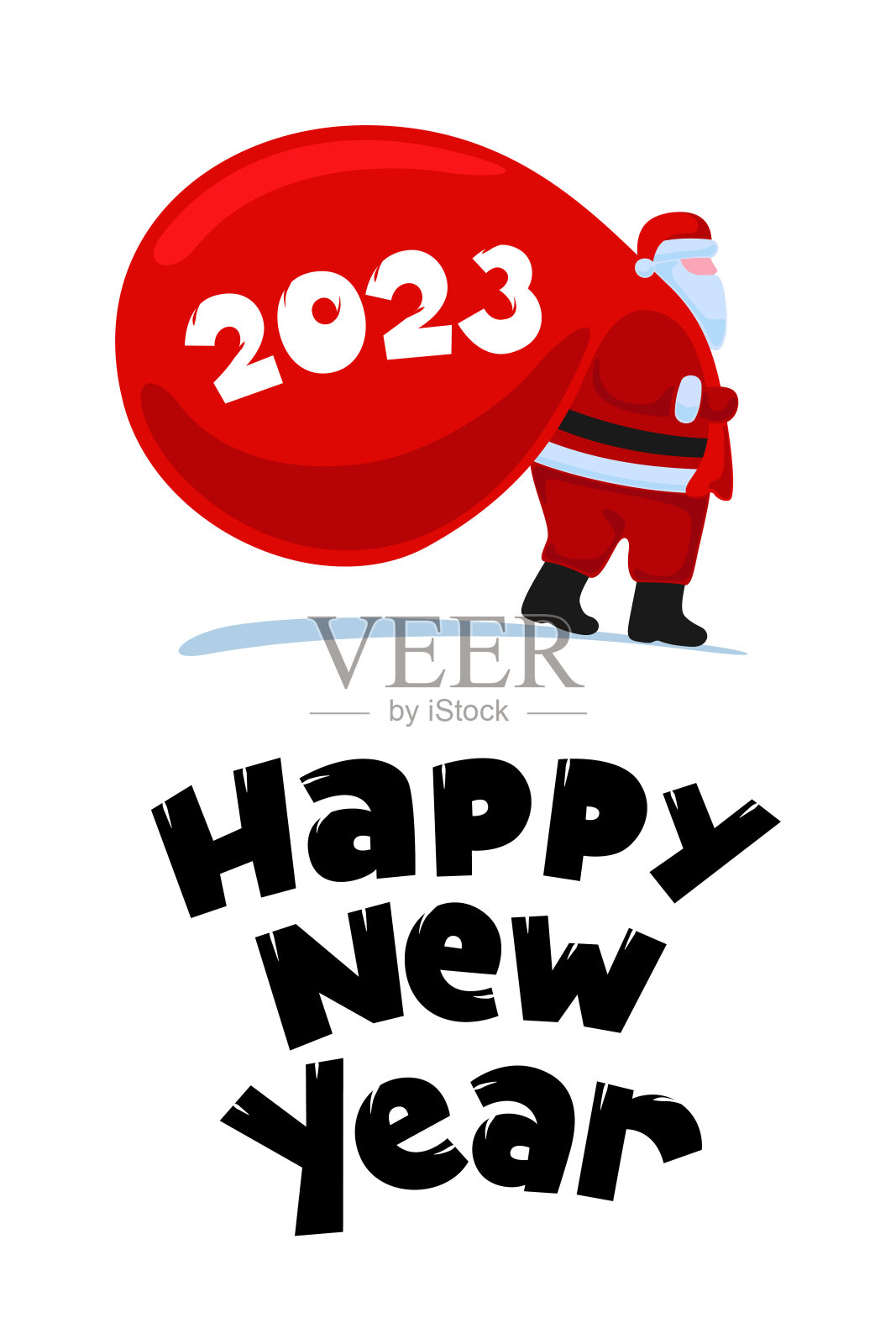 卡通人物圣诞老人来了，拎着又大又重的礼物红袋子。2023年圣诞和新年快乐节日贺卡。Eps庆祝海报插画插画图片素材