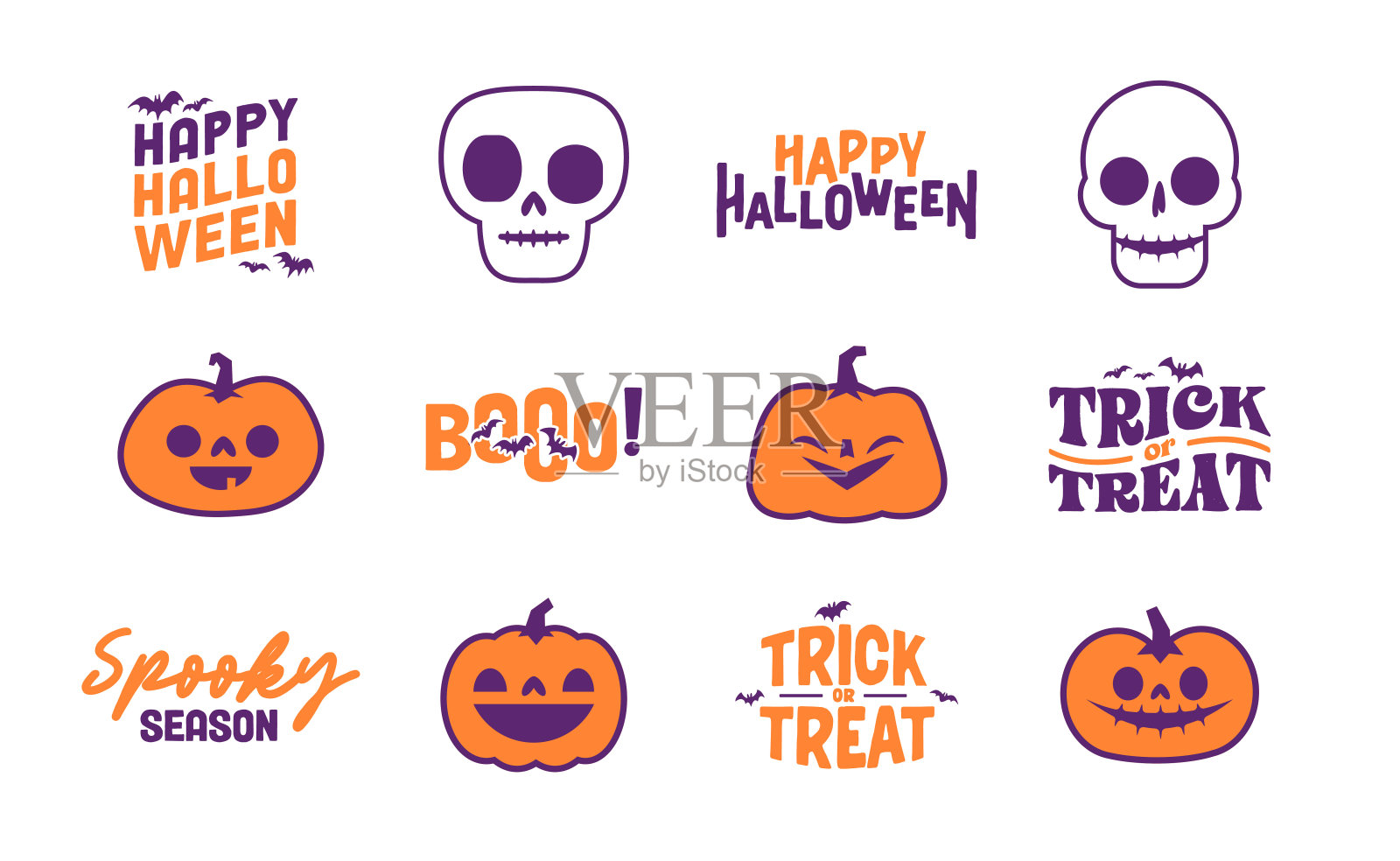 一套万圣节的图标。矢量插图。雕刻南瓜、骷髅头和蝙蝠。不给糖就捣蛋的幽灵设计。插画图片素材