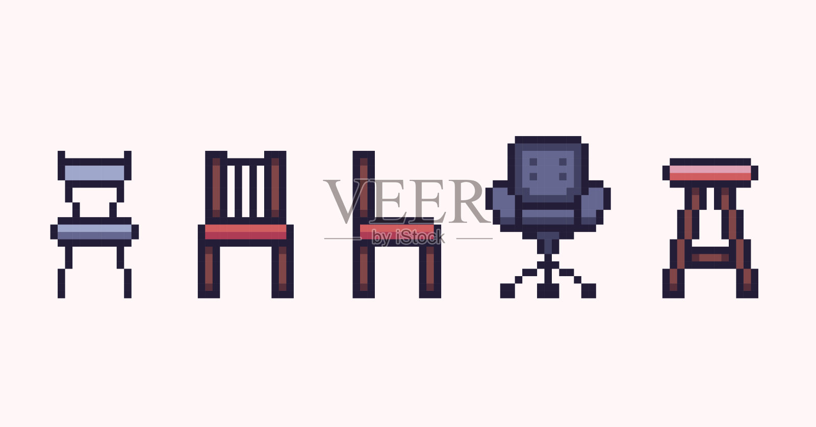 椅子，凳子像素艺术套装。餐饮、橱柜家具收藏。室内空间的元素。8点雪碧。设计元素图片