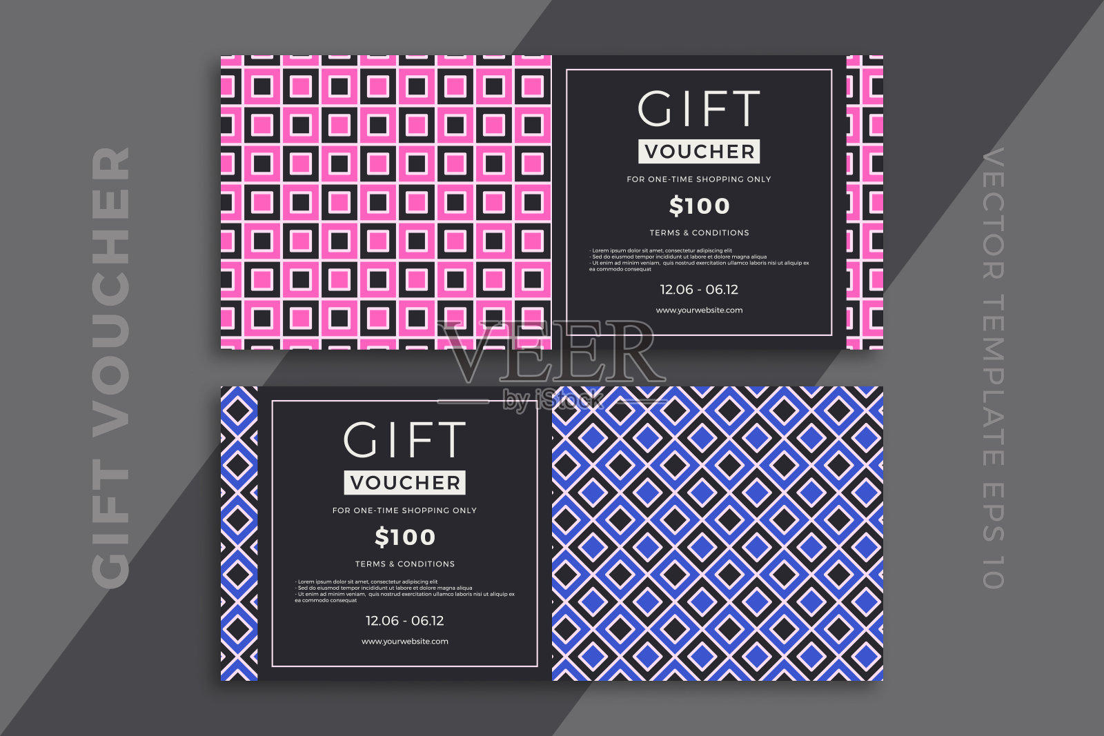 现代礼品卡模板与几何图案的黑色背景。折扣券或证书模型与时髦的最小几何马赛克。带有示例文本的简单矢量可编辑背景设计模板素材