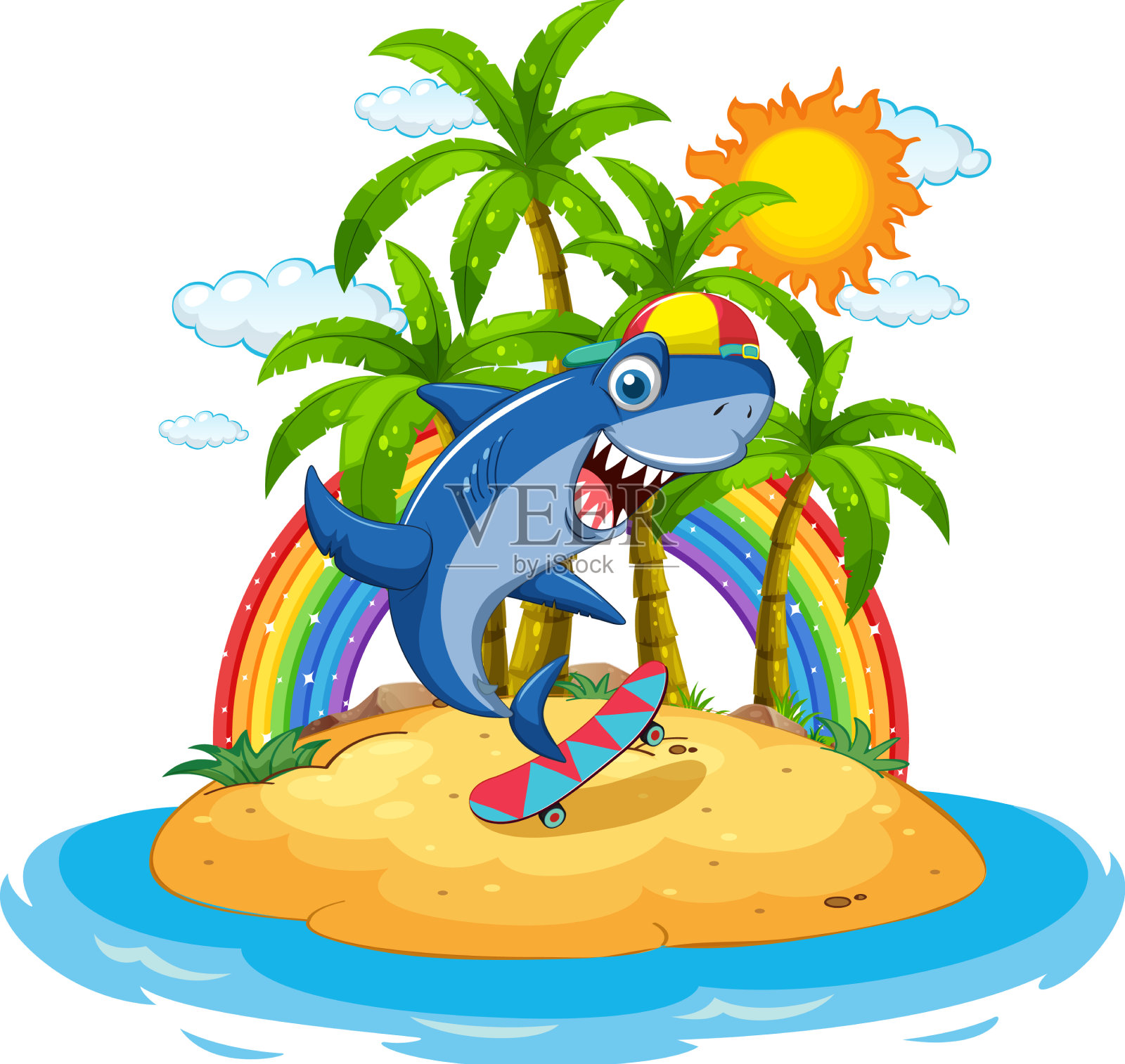 鲨鱼在岛上玩滑板设计元素图片