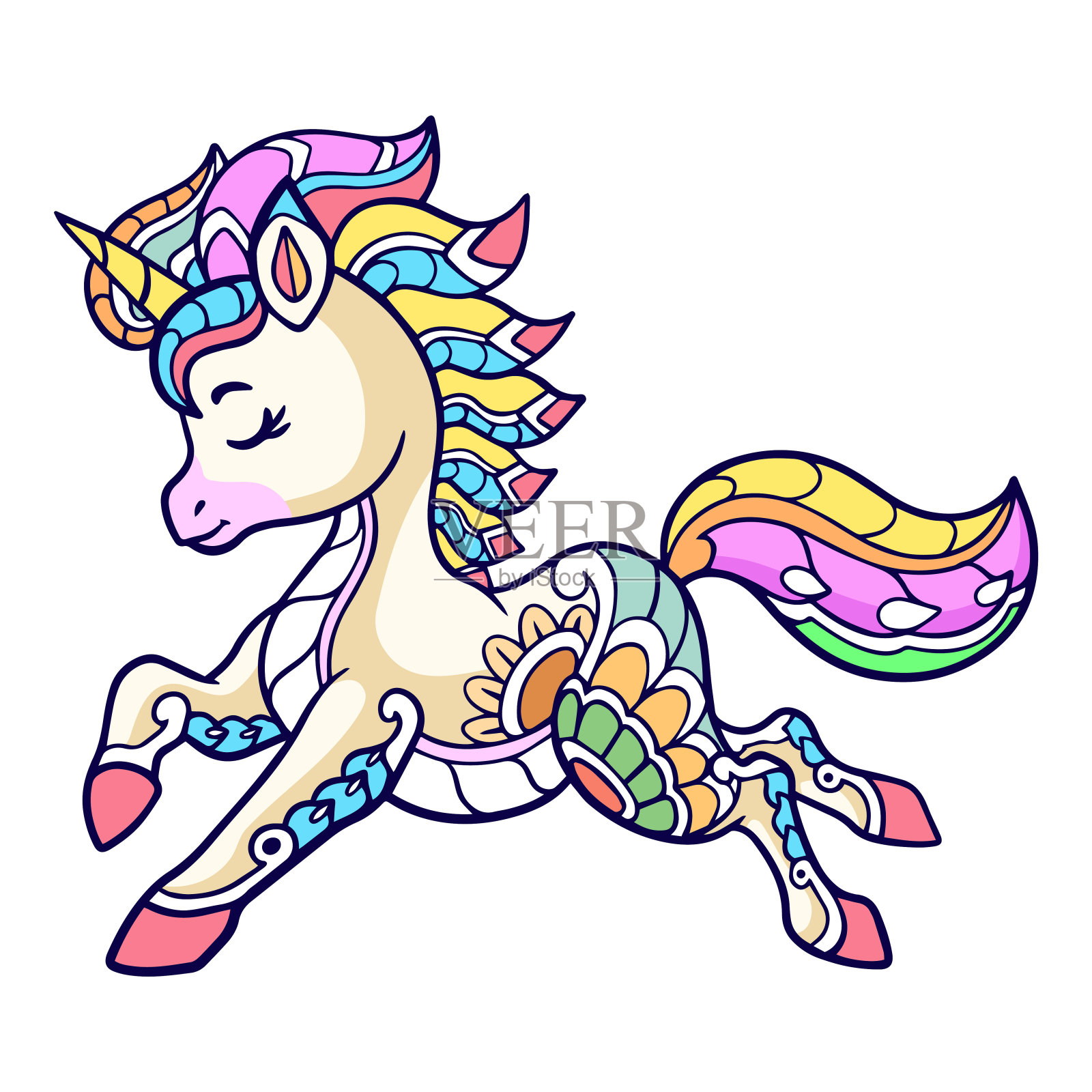 彩色可爱的独角兽卡通曼荼罗艺术孤立在白色背景插画图片素材