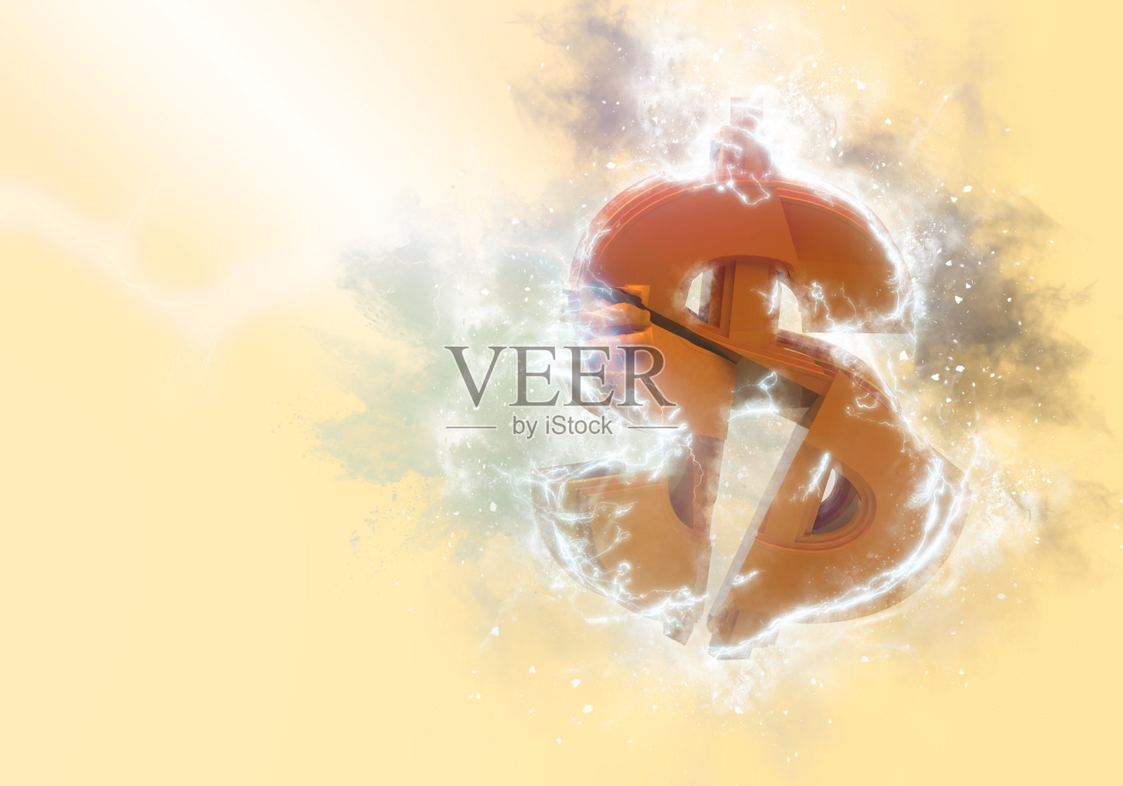 美元符号被闪电击碎的3D渲染-经济危机的概念照片摄影图片