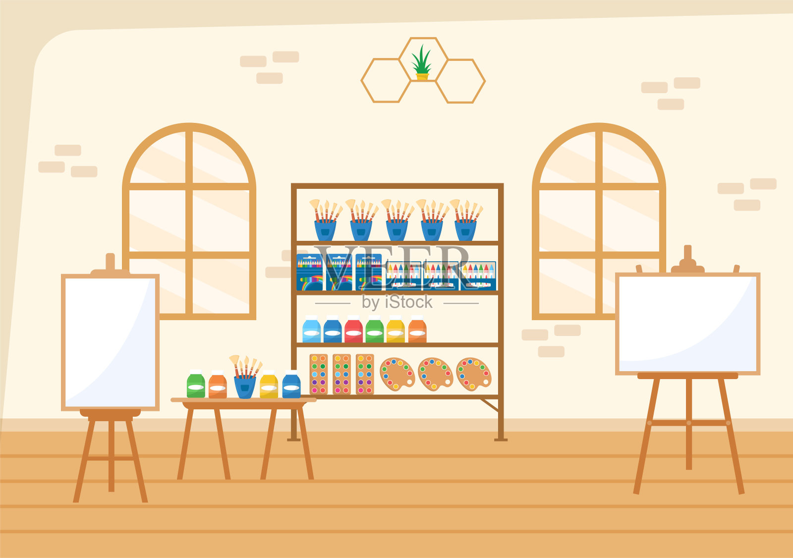 艺术商店与绘画用品商店配件和工具绘画，艺术家和设计师在平面卡通手绘模板插图插画图片素材