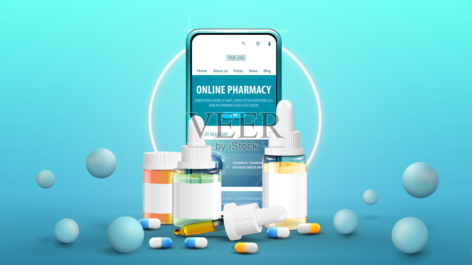 在线药房蓝色banner，配有智能手机、白色霓虹灯环和药品插画图片素材