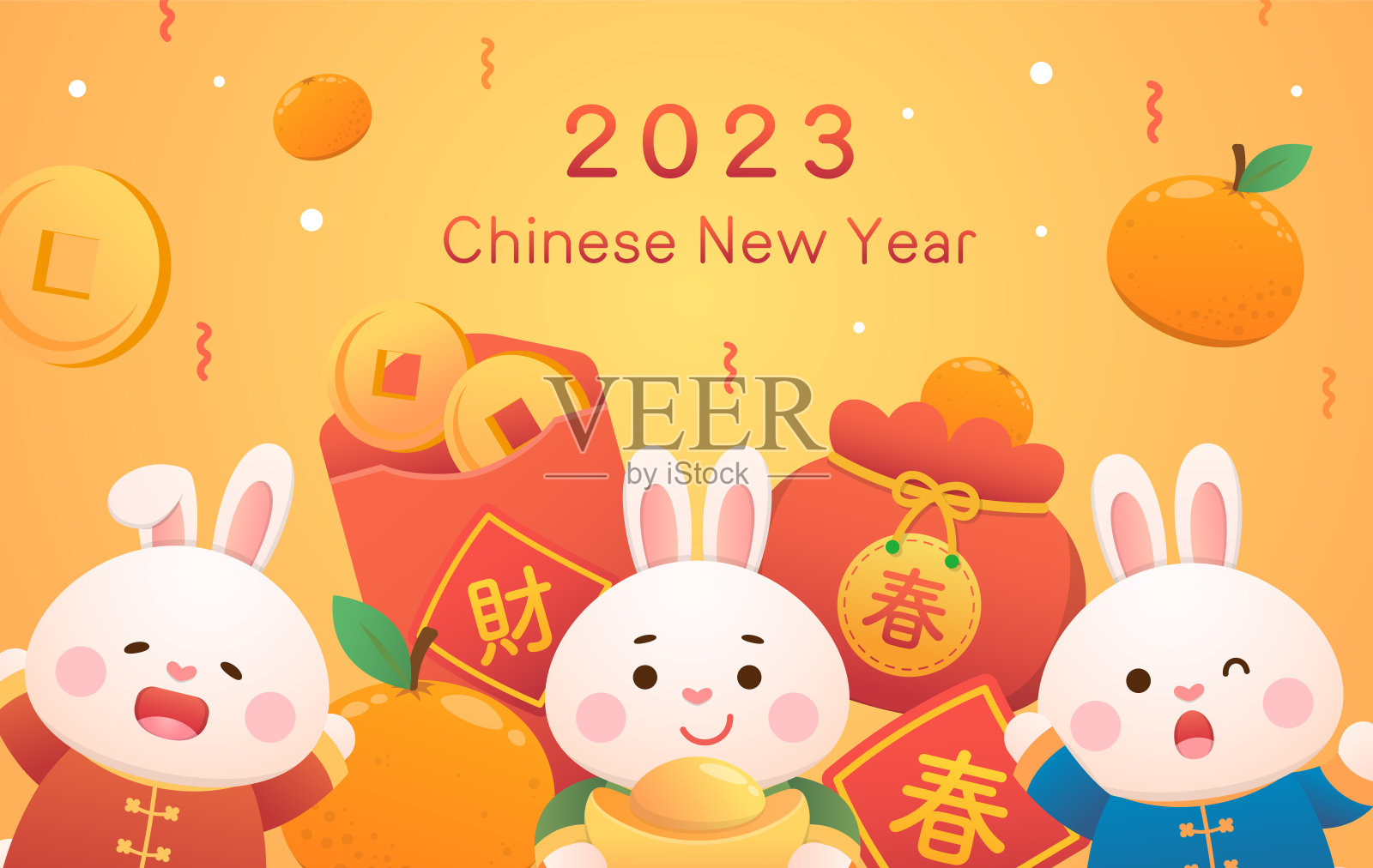 春节的金色海报，可爱的兔子或吉祥物，装着很多钱的红纸袋，中文翻译是:春天和钱插画图片素材