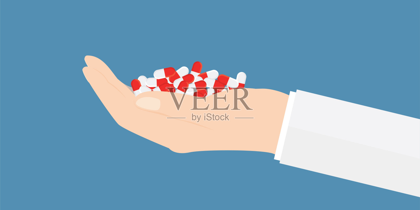 药剂师用手拿着药片。医务人员给了一箱药。对病人的医疗护理。堆栈的药物。制药、治疗的概念。插画图片素材