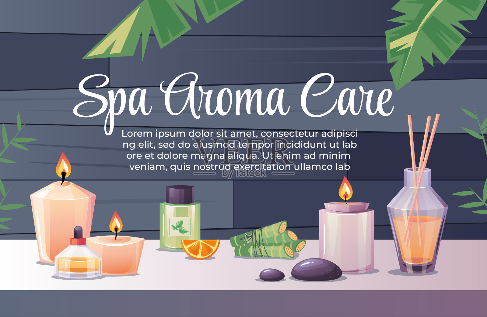 水疗沙龙美容身体皮肤护理疗法自然按摩横幅海报概念。矢量平面设计插画元素设计模板素材