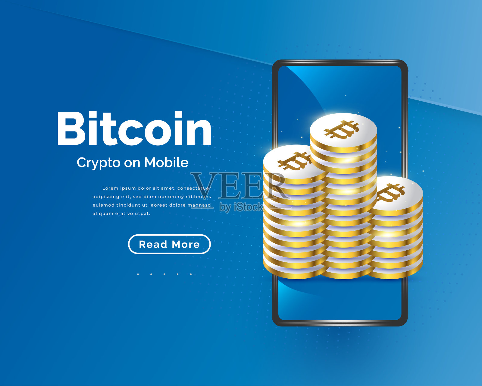 成堆的黄金比特币与智能手机隔离在蓝色技术背景。移动端比特币加密货币。数字货币的背景插画图片素材