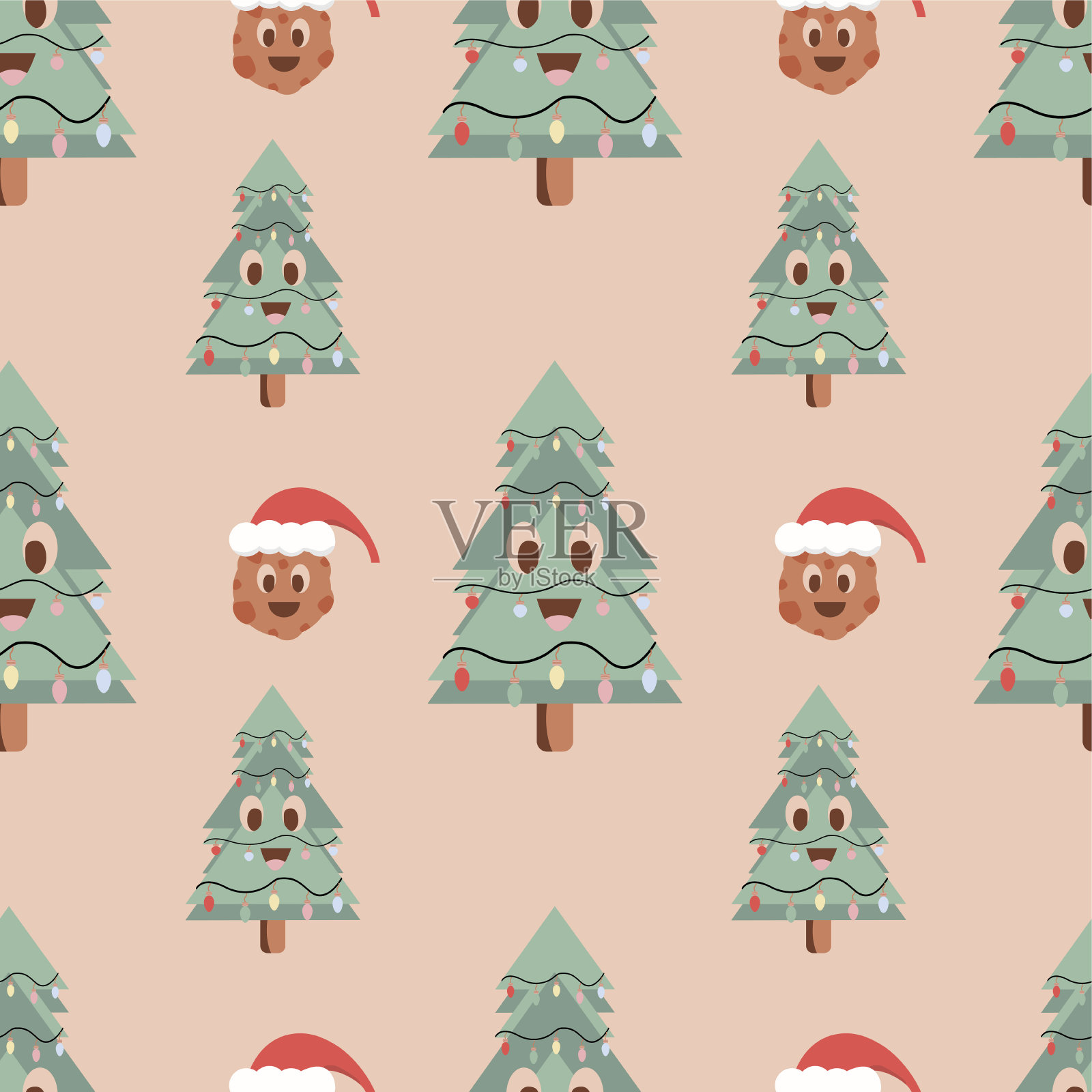 圣诞无缝矢量图案的复古背景圣诞树和姜饼圣诞设计元素图片