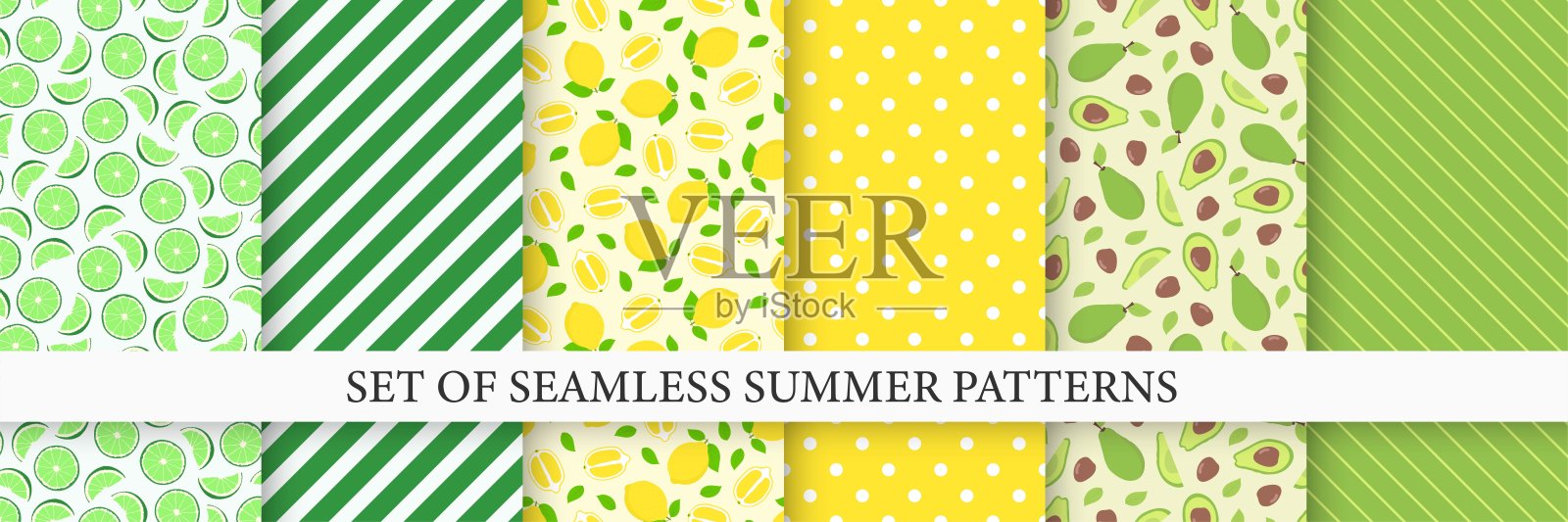 一套明亮的彩色无缝模式。夏天没完没了的打印。可重复不寻常的充满活力的背景插画图片素材