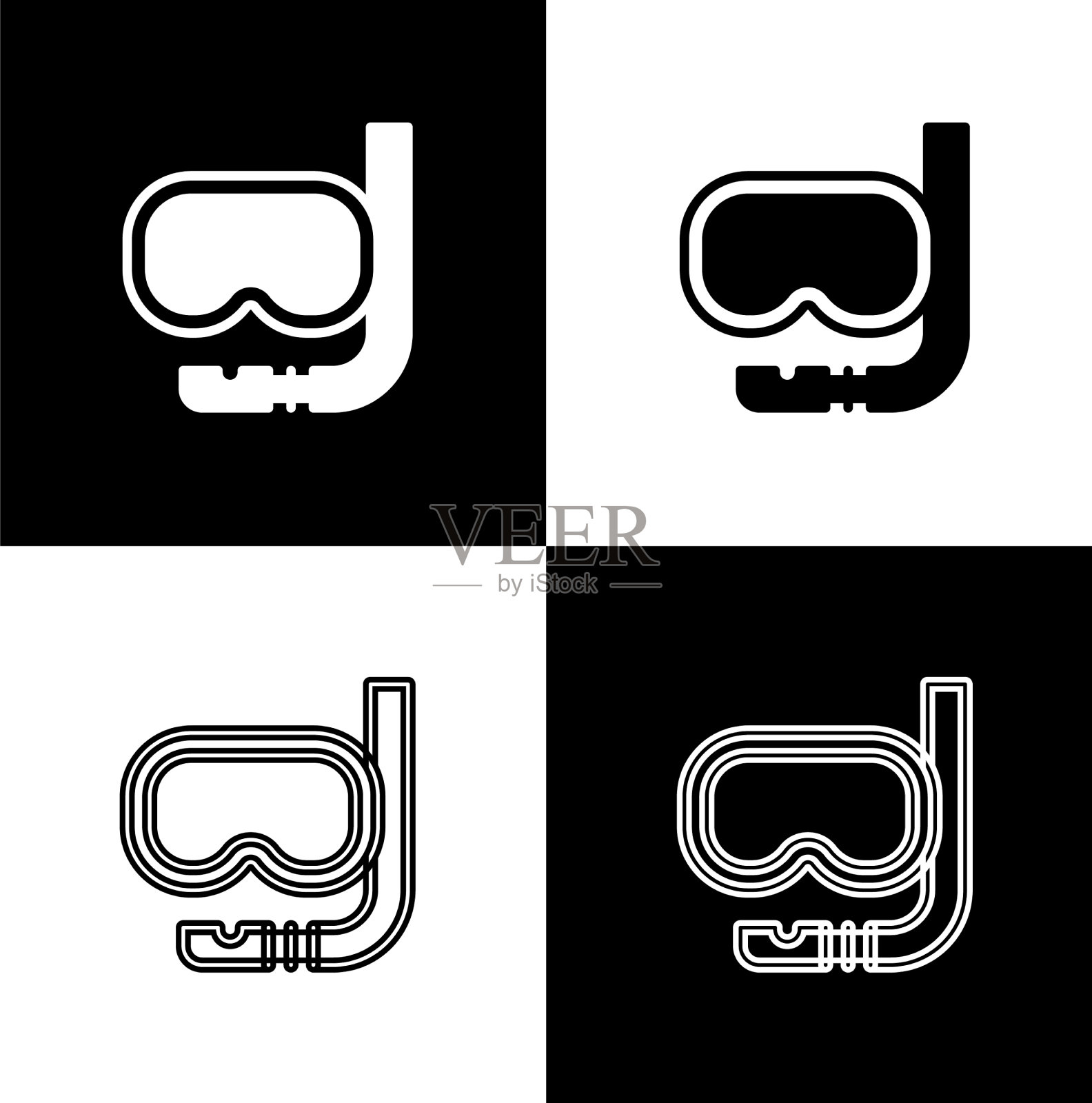 将潜水面罩和呼吸管图标设置为黑色隔离图标素材