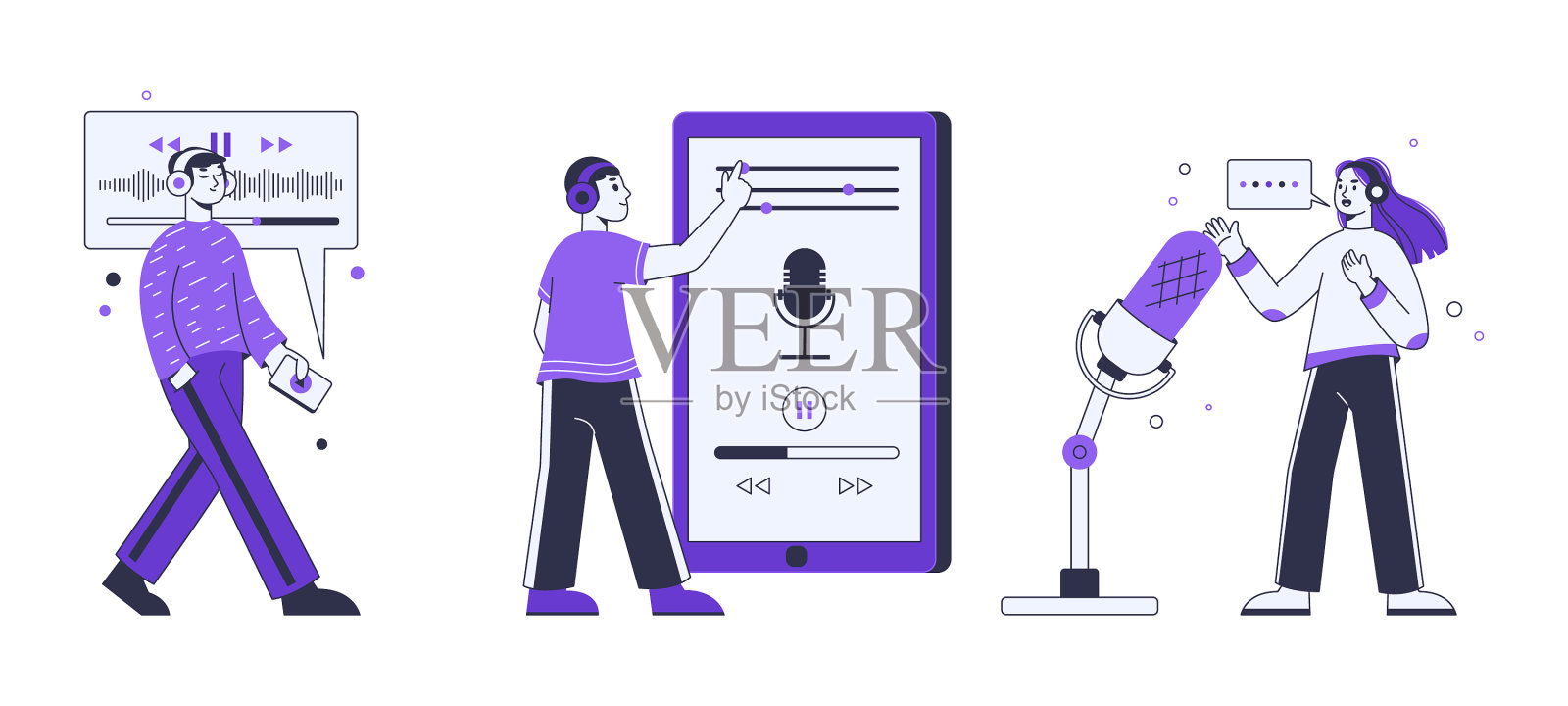 播客听众和电台主持人轮廓平坦插画图片素材