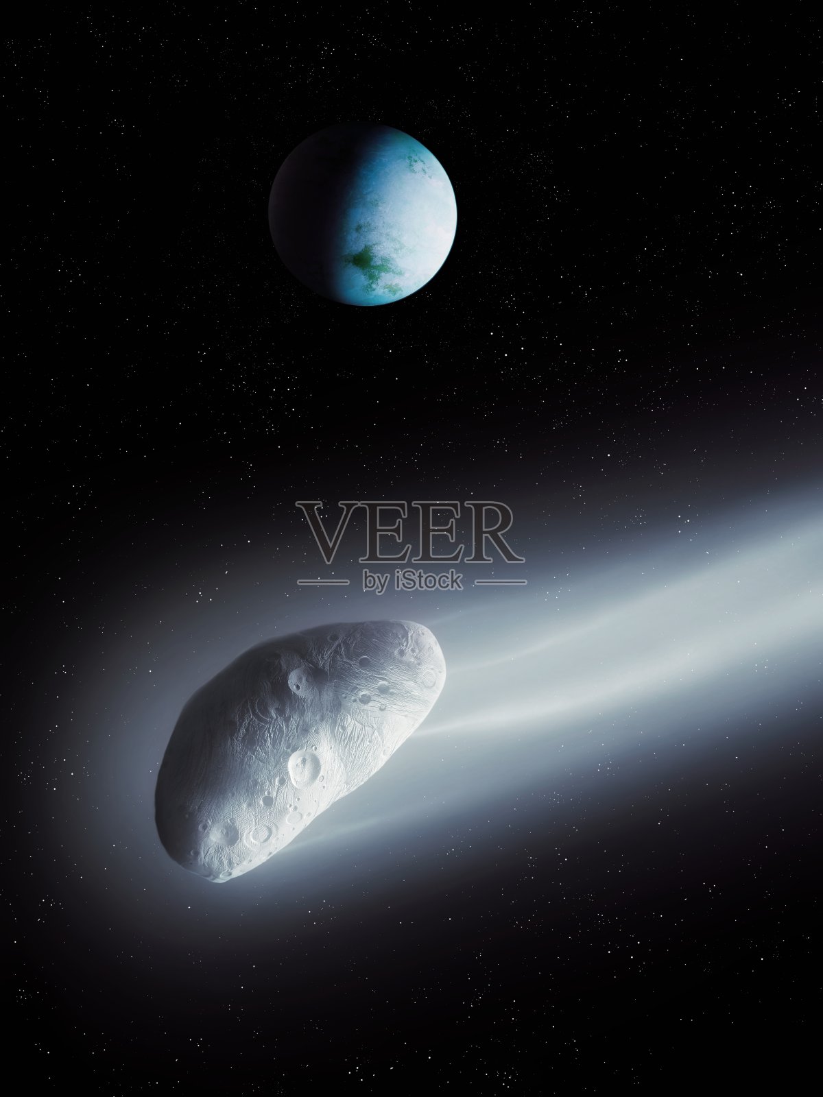 一颗巨大的彗星正在接近这颗行星。照片摄影图片