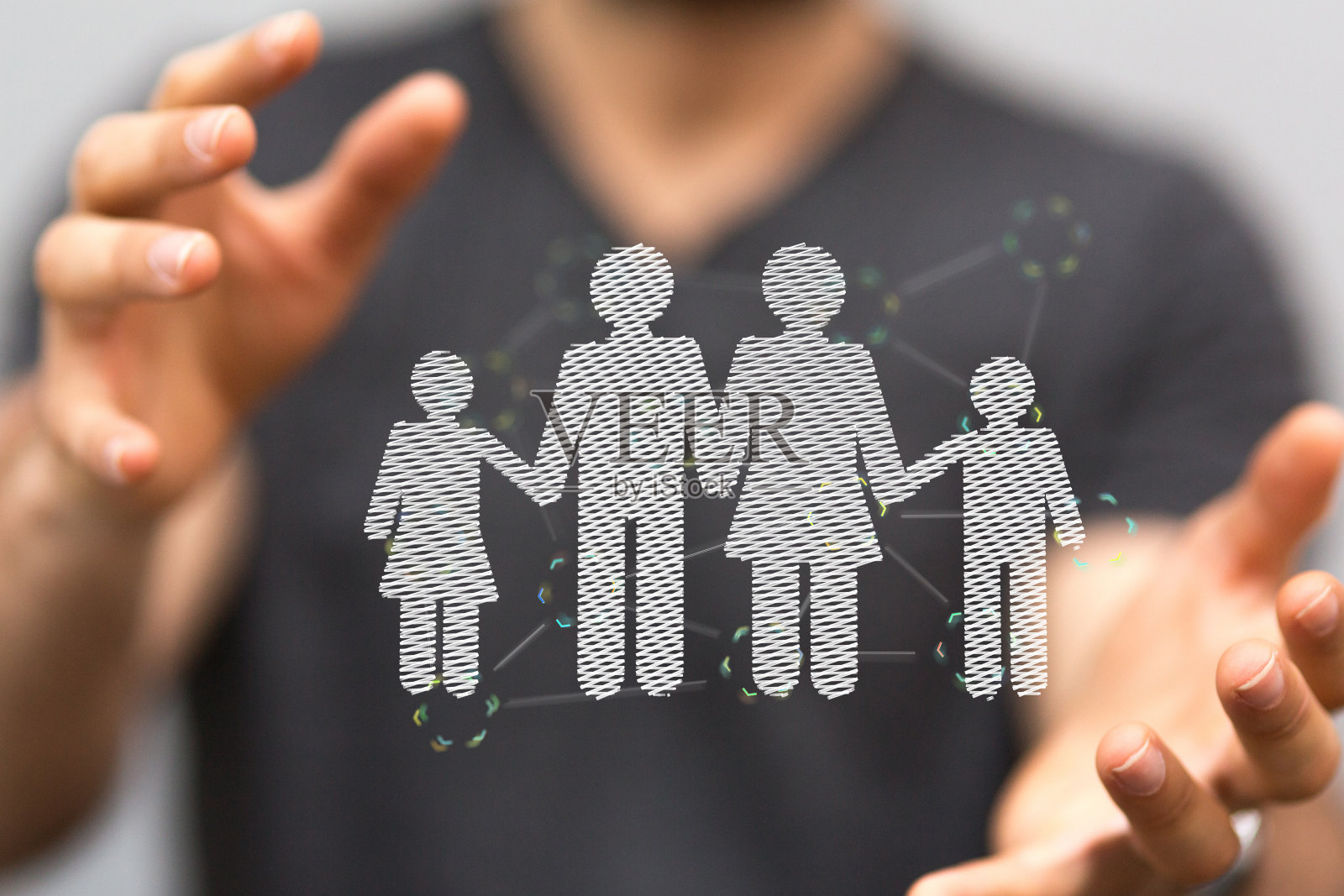 3d渲染的家庭成员在男人的手上徘徊照片摄影图片