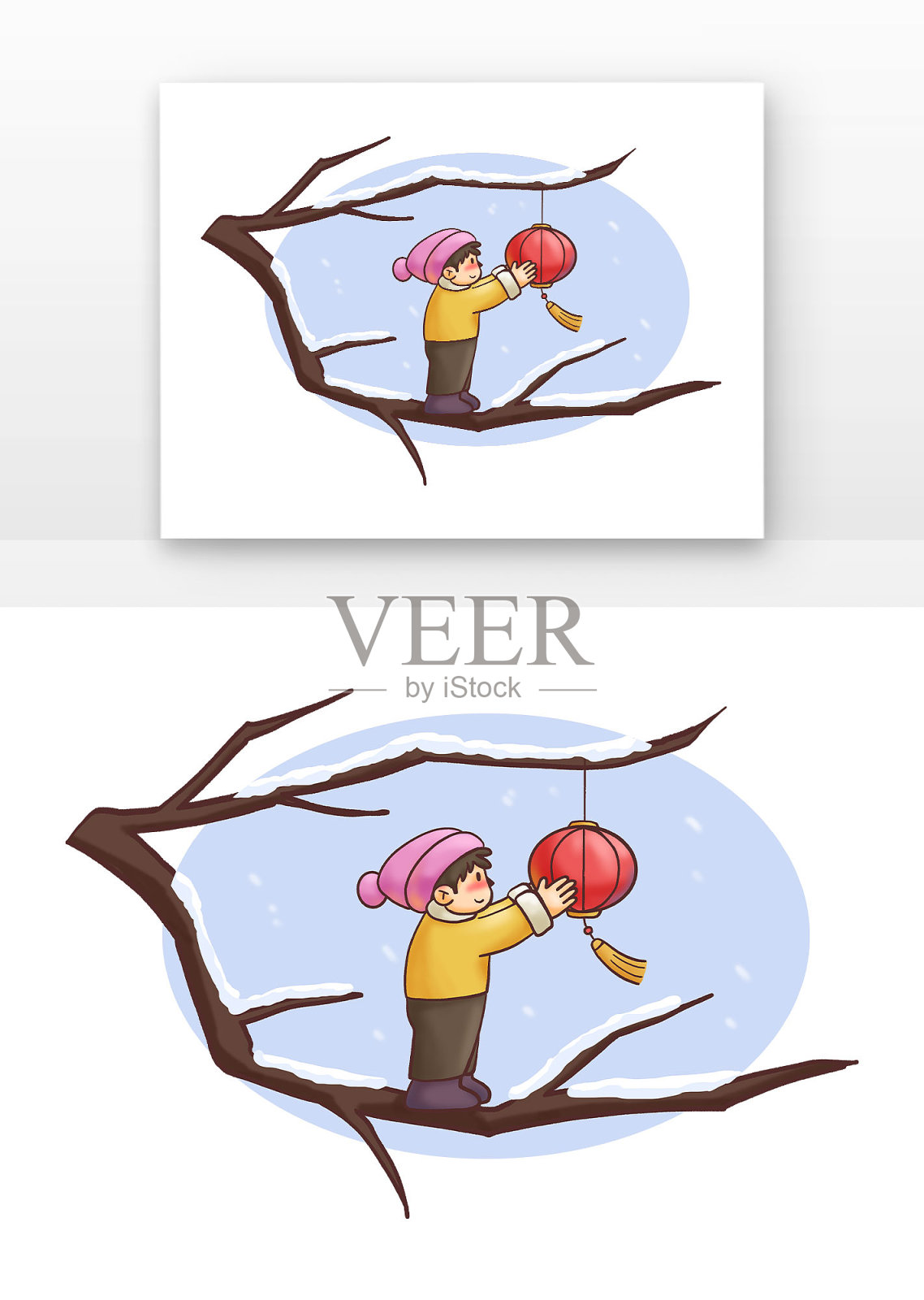 冬天树枝和人物和灯笼元素设计元素图片